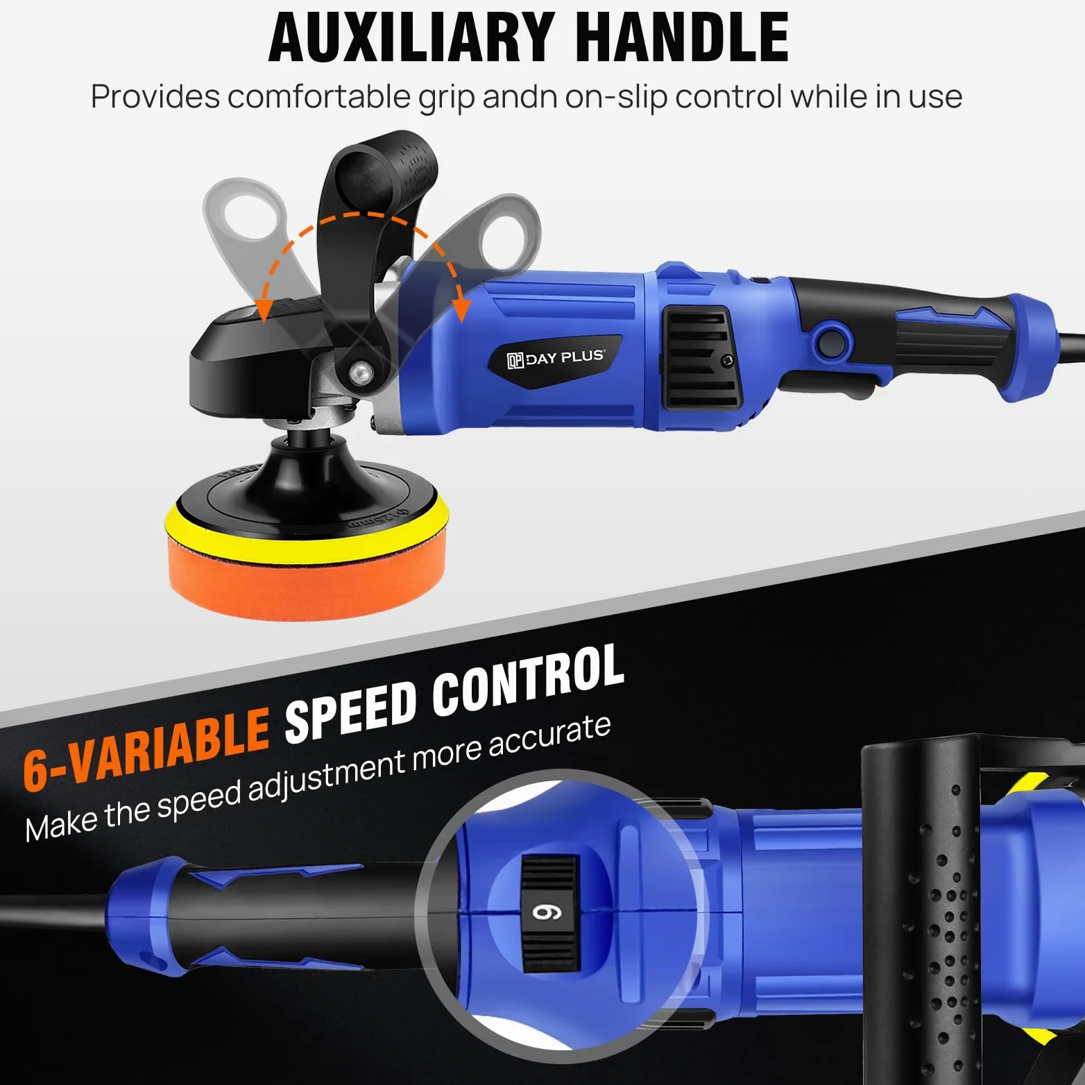 HSHa Lucidatrice per auto, 1400 W, set con piastra lucidante da 150/180 mm, lucidatura orbitale casuale, 6 velocità variabili, impugnatura a D e multi pad per la lucidatura della cera