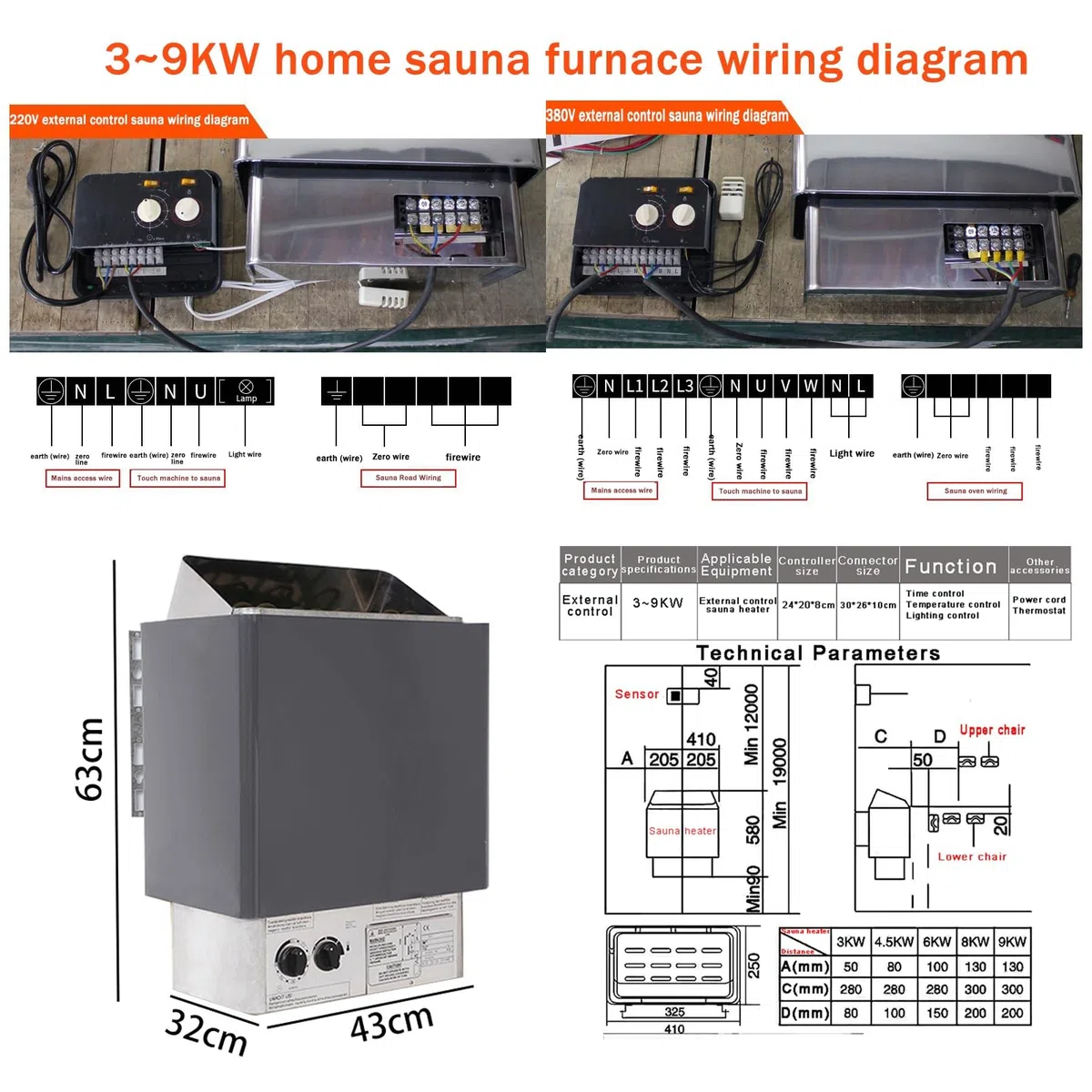 Riscaldatore Elettrico per Sauna, Attrezzatura per Sauna a Secco, Timer e Controllo, per saune domestiche, palestre, Spa (6kw/220v)