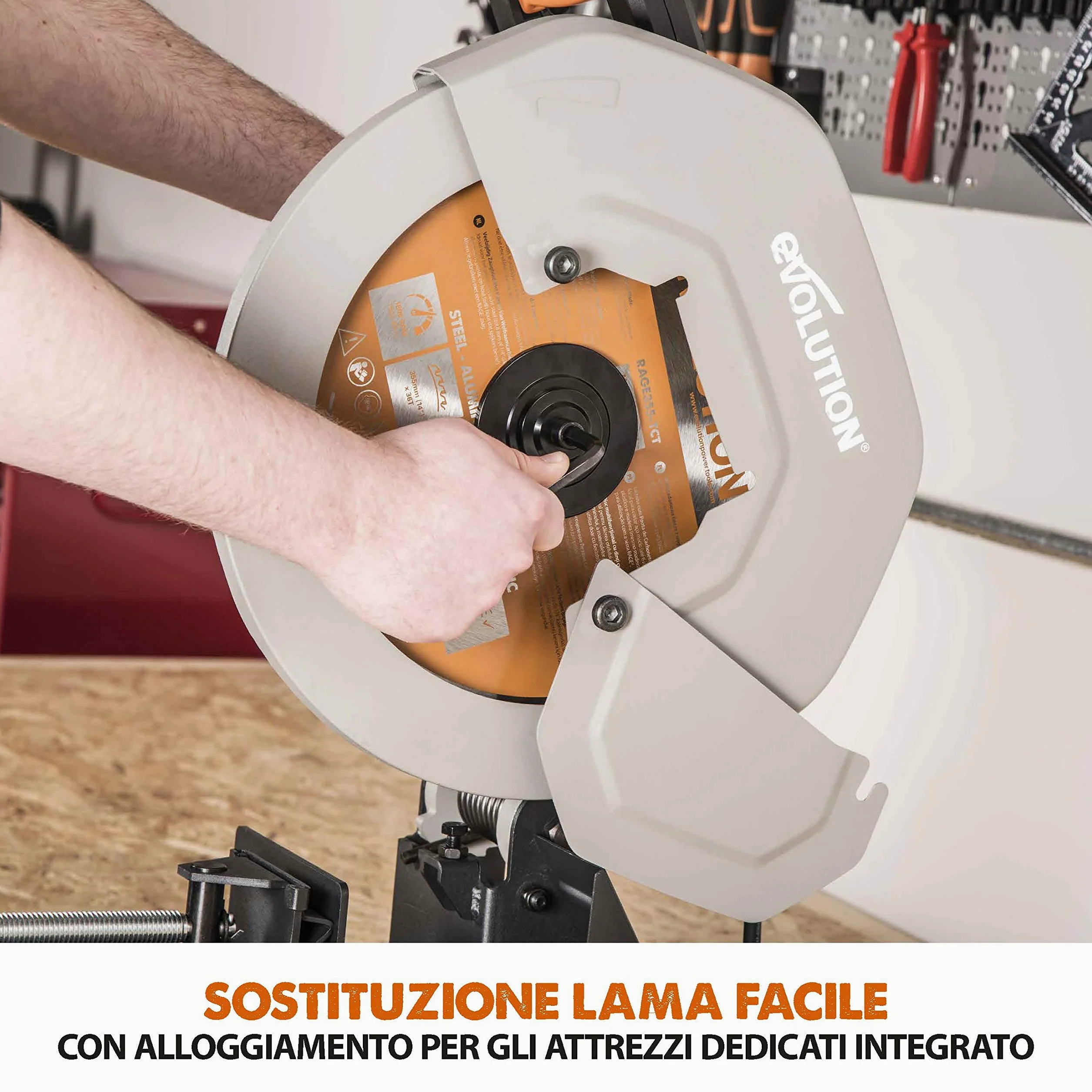 Evolution Power Tools 083-0003 R355Cps Troncatrice Per Ferro Multi Materiale, Esegue Tagli Su Acciaio, Alluminio, Plastica E Legno Anche Con Chiodi, 355 mm