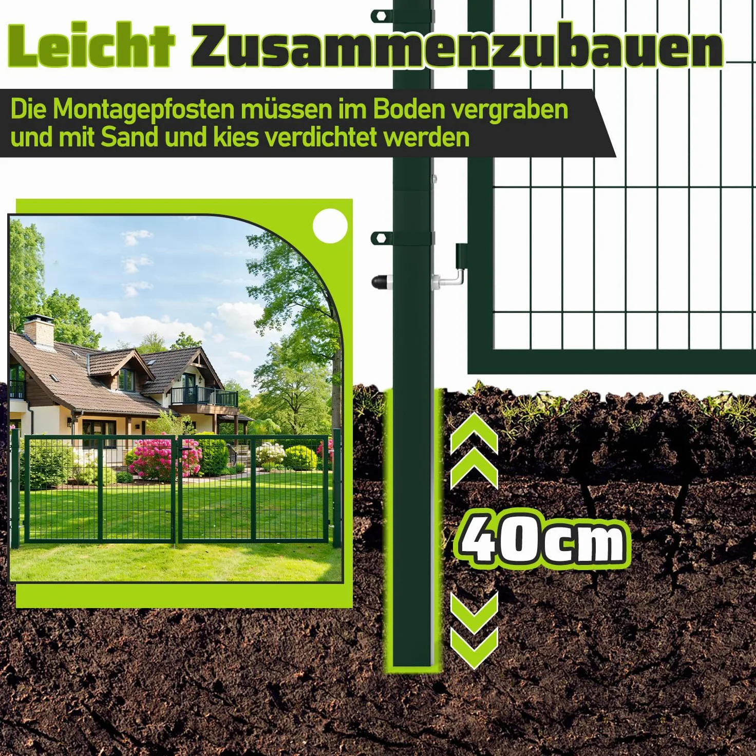 Cancello da giardino in metallo, cancelletto a doppio battente, 300x100 cm, tubo quadrato, patchwork, per aree residenziali/giardini, per recinzioni in rete (Verde).
