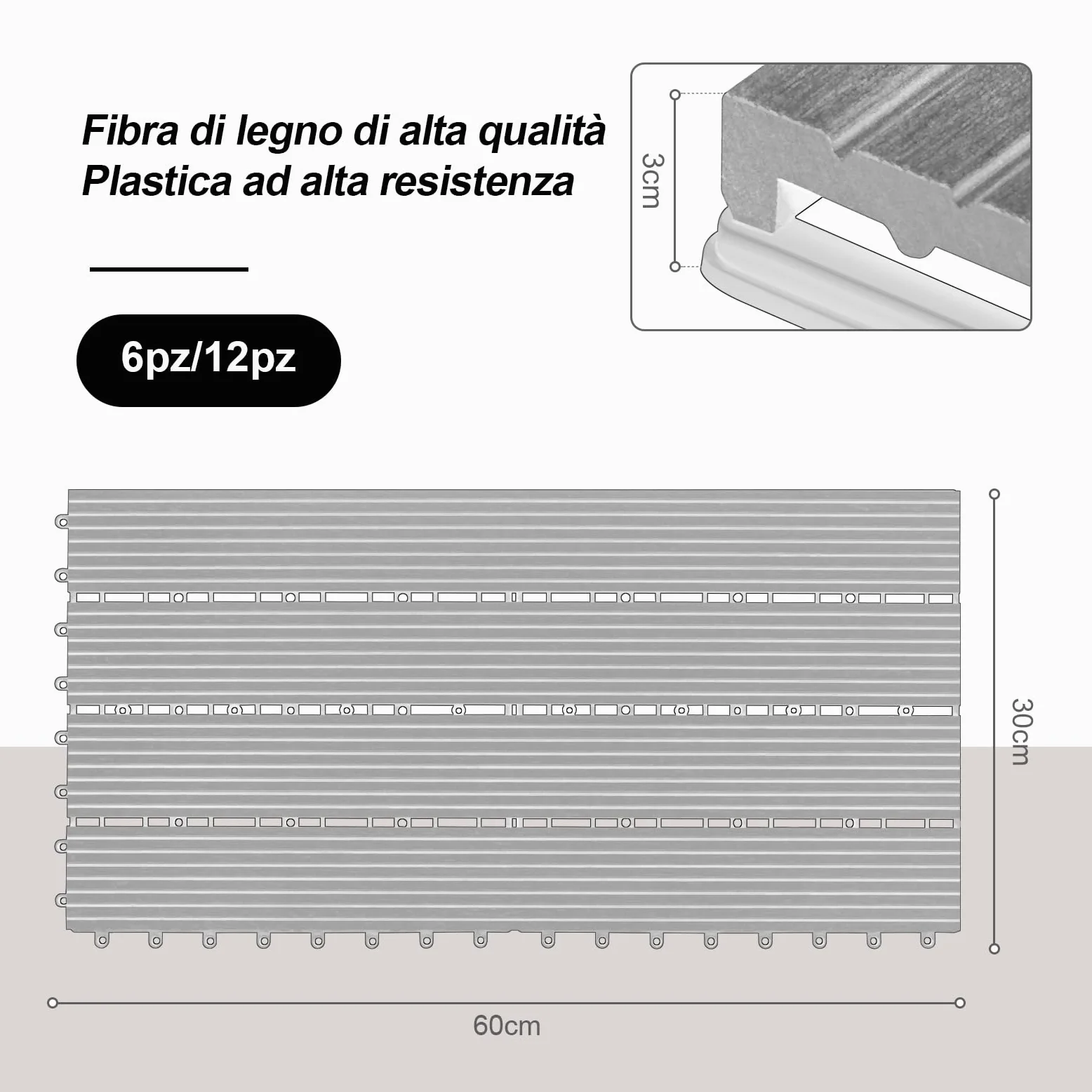 Laneetal Set di 12 Pavimento per Esterno, Pavimento WPC Incastro, per Giardino, Patio, Terrazza, Balcone, Pavimentazione Esterna 30x60 cm, Antracite