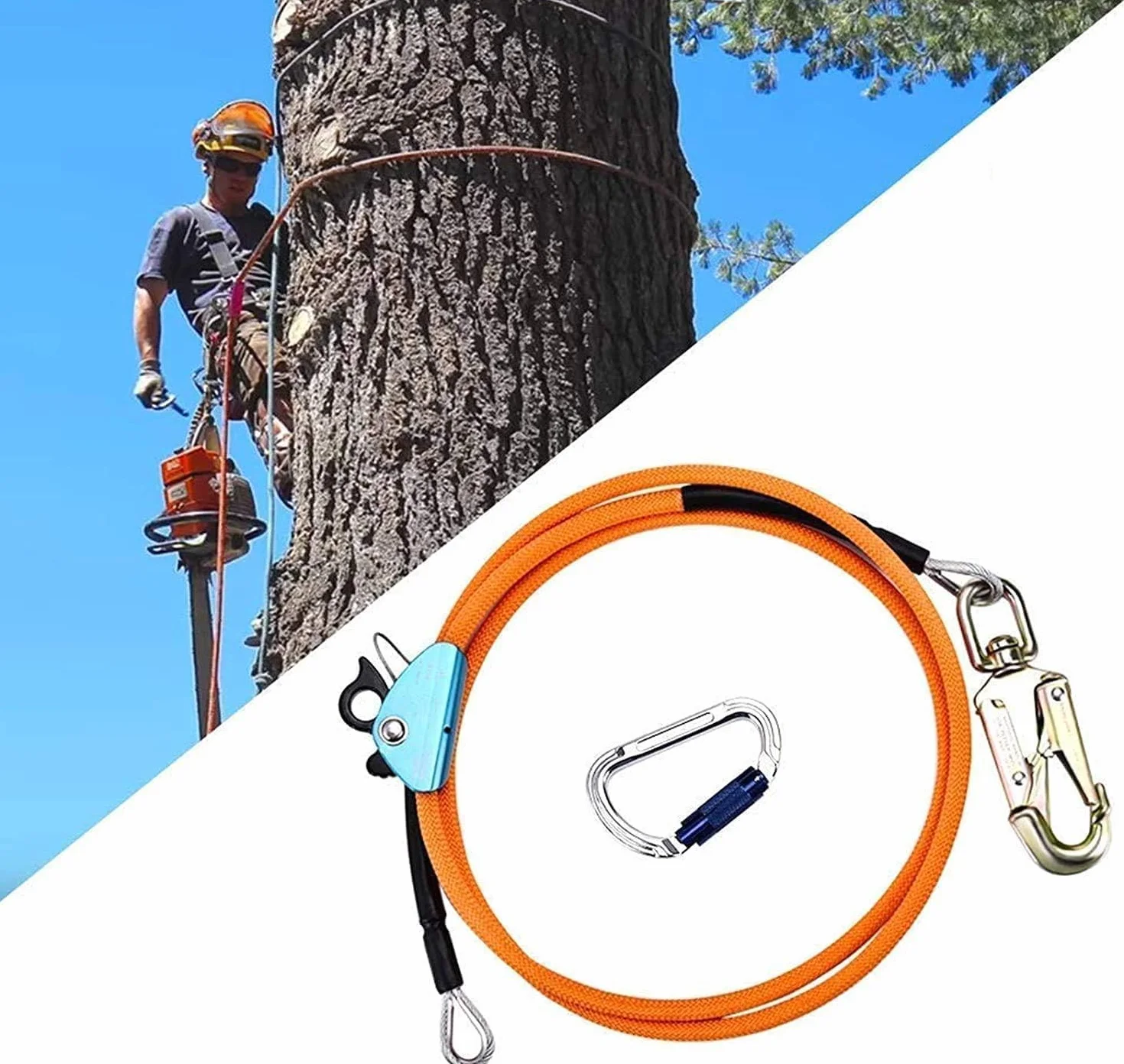Outdoor Safety Rope,Kit di Corde in Acciaio,Corda di Sicurezza per Esterni da 12 mm x 3 m, Linea di inversione per Arrampicata sugli Alberi con moschettone a Triplo bloccaggiobassa Elasticità