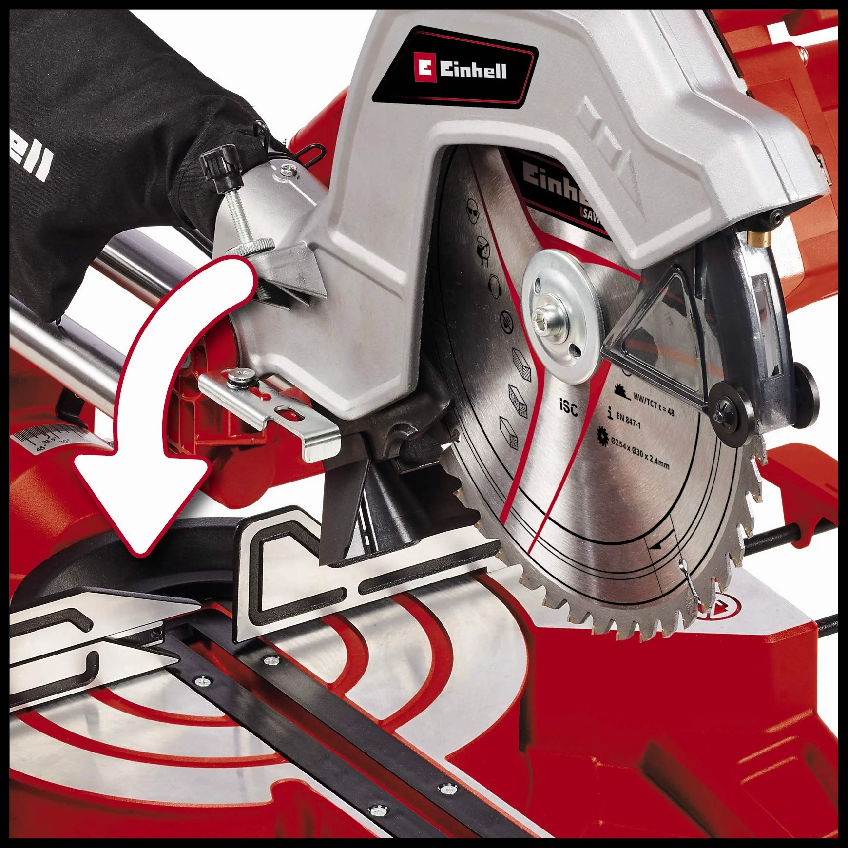 Sega circolare per tagli obliqui Einhell TC-SM 254: 1.900 W, funzione estrazione, tavolo rotante con regolazione rapida, laser, disco in carburo