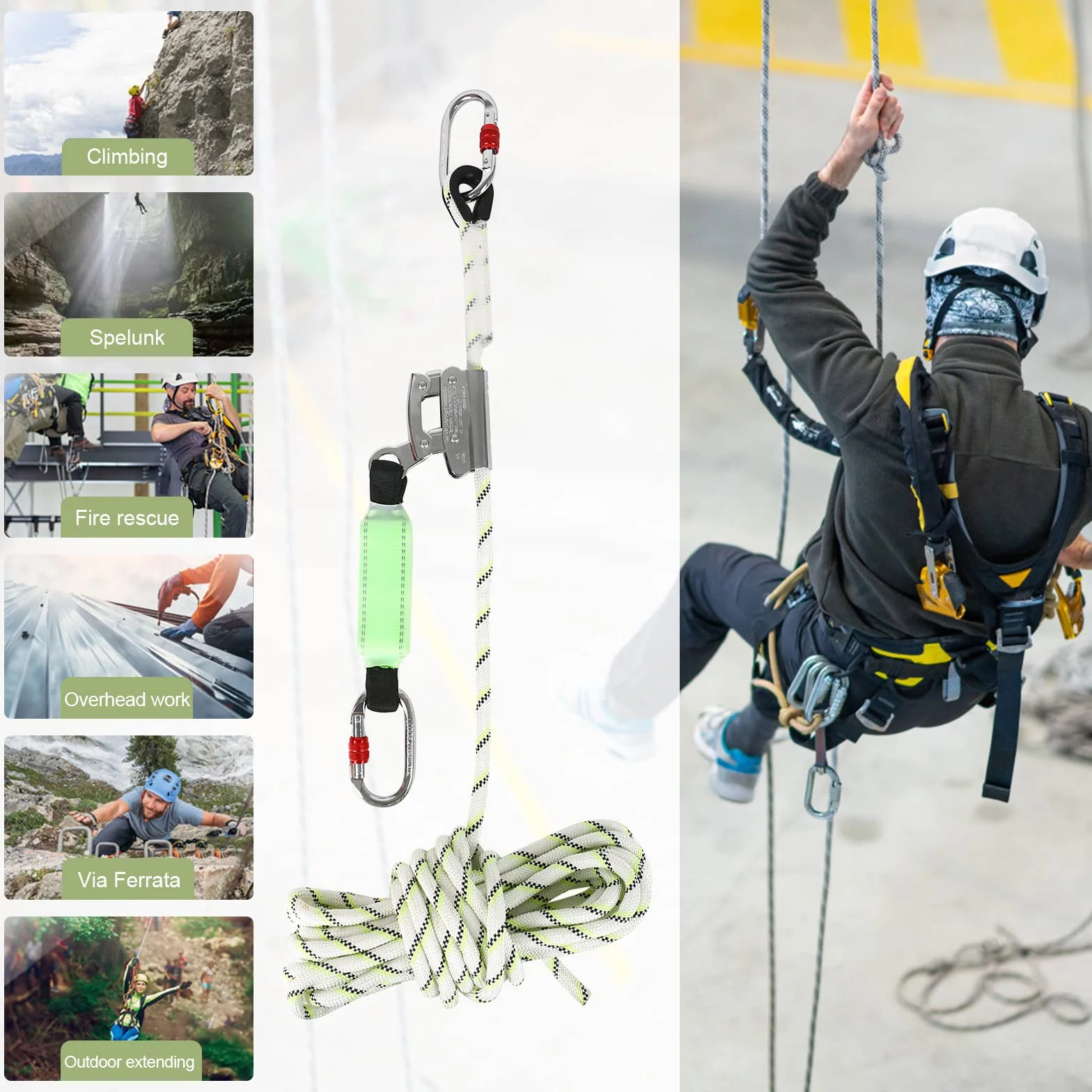 Imbracatura di sicurezza con cinturino di ritenuta, 10m di corda di ritenuta con smorzatore a nastro e moschettone, protezione anti-caduta per arrampicata sugli alberi e alpinismo all'aperto'