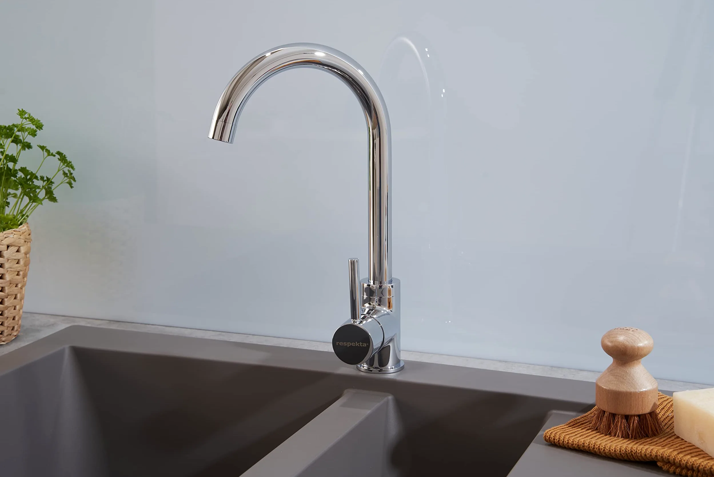 Respekta Lavello da Cucina Denver in Mineralite Color Grigio Cemento, Lavello da Incasso a 1,5 vasche, dimensioni 100 x 50 cm, Lavello Adatto per Mobili Sottolavello da 60 cm di Larghezza