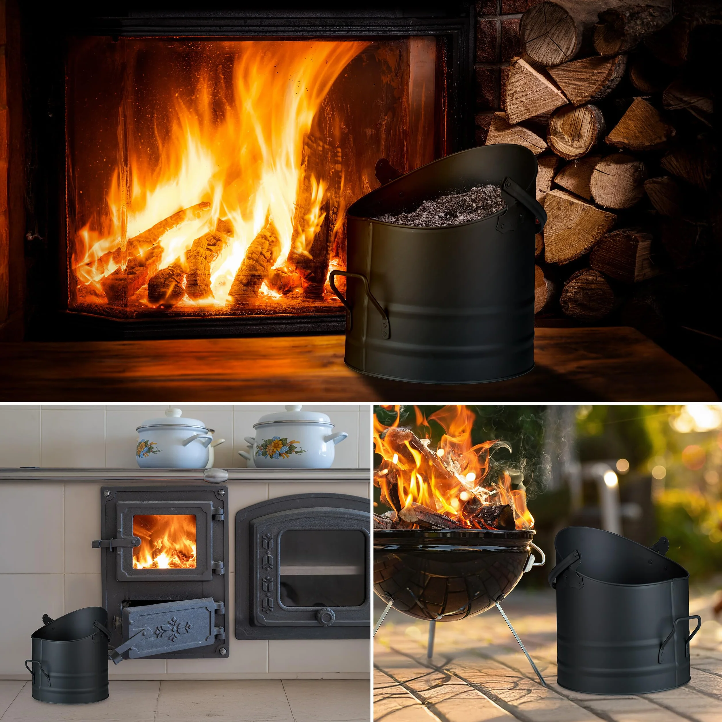 Relaxdays Secchio Raccogli Cenere e Legna da Ardere, Cestello 9,5 L con Scopa e Paletta da Camino, Cestino Ferro, Nero