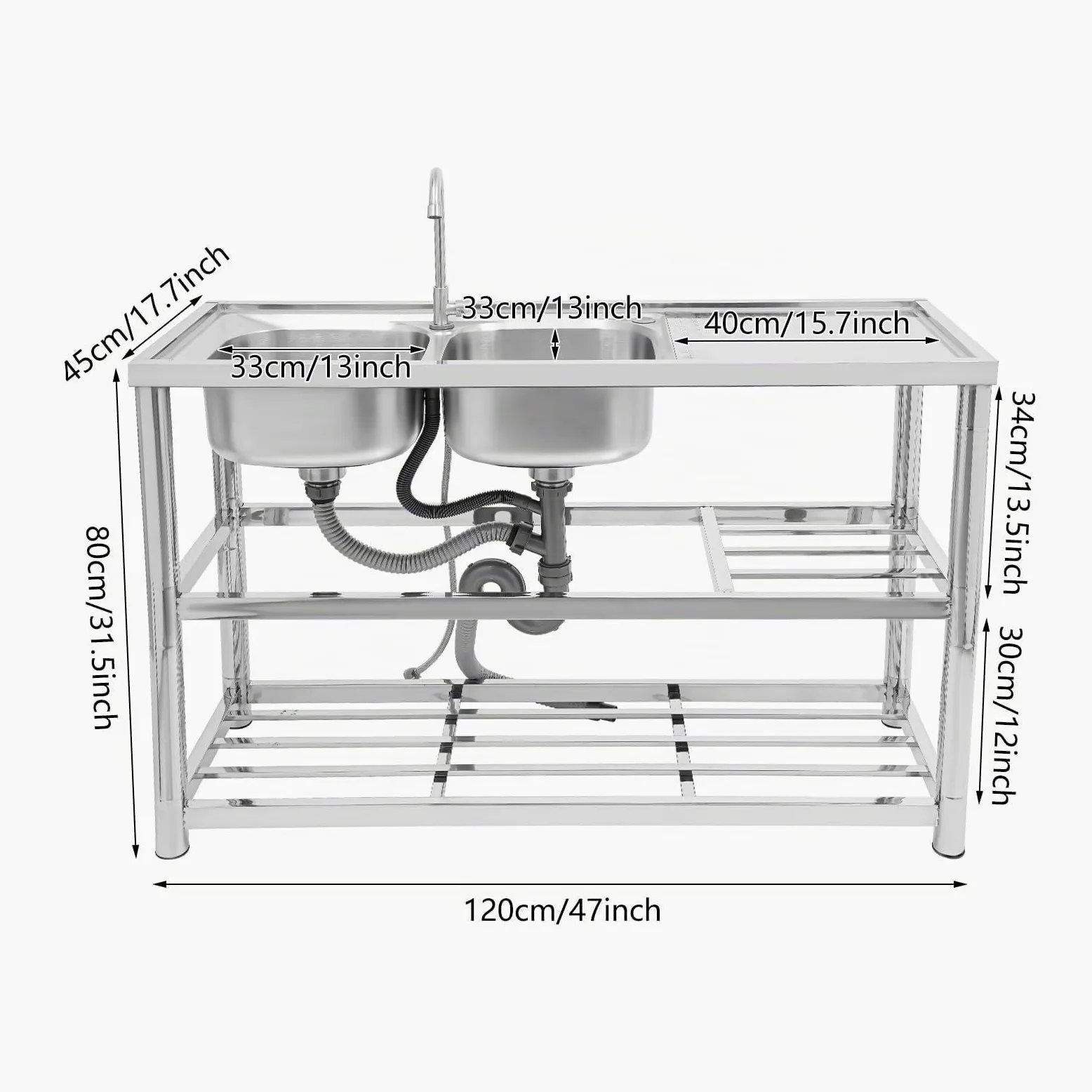 Lavello da cucina in acciaio inox, a 2 vasche a 3 livelli, autoportante, con rubinetto, per ristorante, campeggio, 120 x 45 x 80 cm, con accessori e scolapiatti