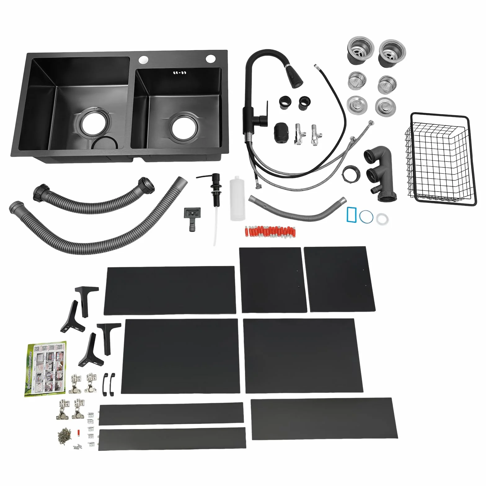 Lavello da cucina indipendente con mobile sottostante e rubinetto estraibile, lavandino in acciaio inox con cestello sgocciolante, 75x41x78cm. Lavello con mobile sottostante, lavabo per ristoranti