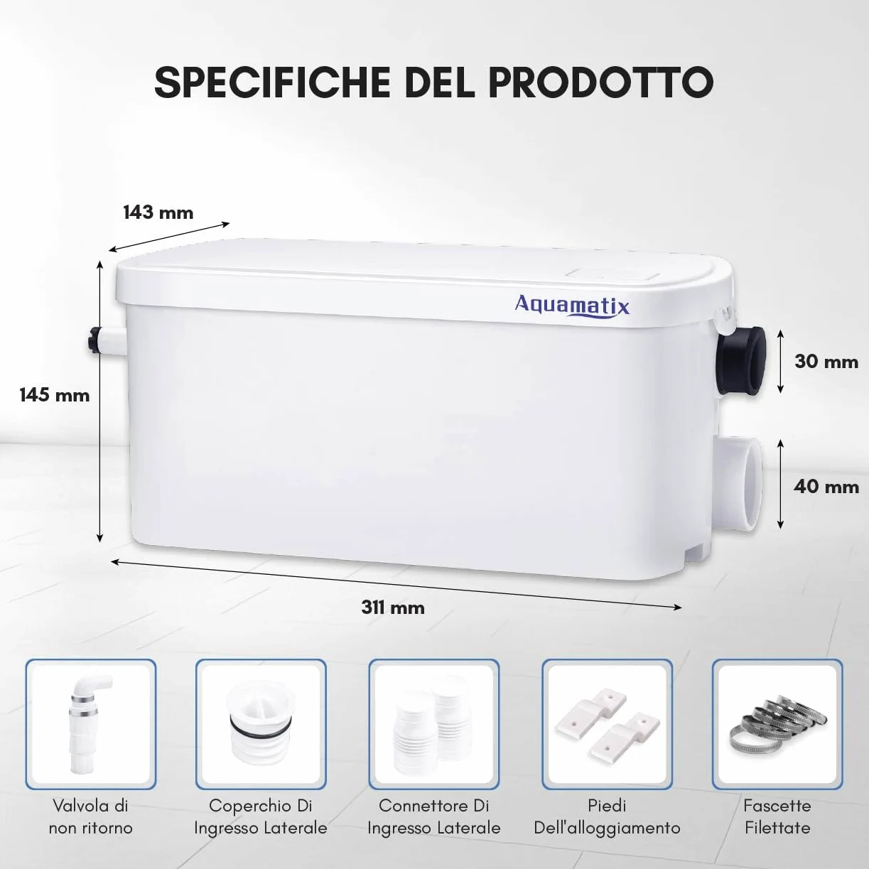 Aquamatix Pompa Doccia 250W Trituratore Pompa Maceratore 8m Distanza di pompaggio verticale 100L/min per docce, lavandini 2 ingressi