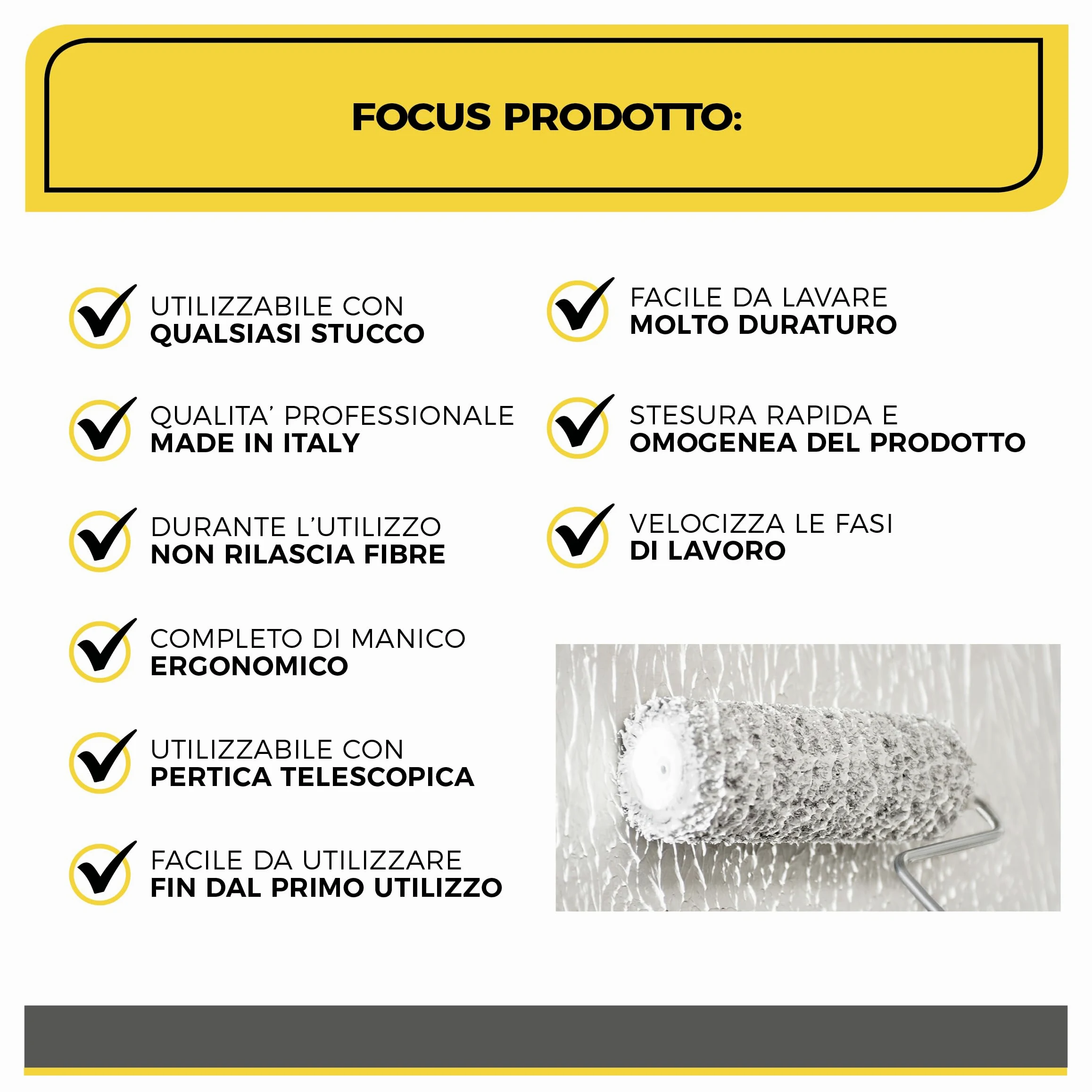 Boldrini Rullo Professionale per Stucco con Manico – 30cm – Made in Italy – Applicazione Stucco su Pareti e Soffitti – Alta Resistenza, Non Perde Peli