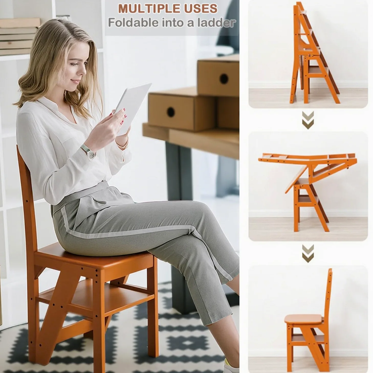 Sgabello a Scala Pieghevole 3-in-1 in Legno Massello, Sgabello Convertibile e Supporto Espositivo, Scala Multi-funzionale a 4 Ripiani, per Casa, Cucina, Biblioteca, Capacità 150kg (Marrone)
