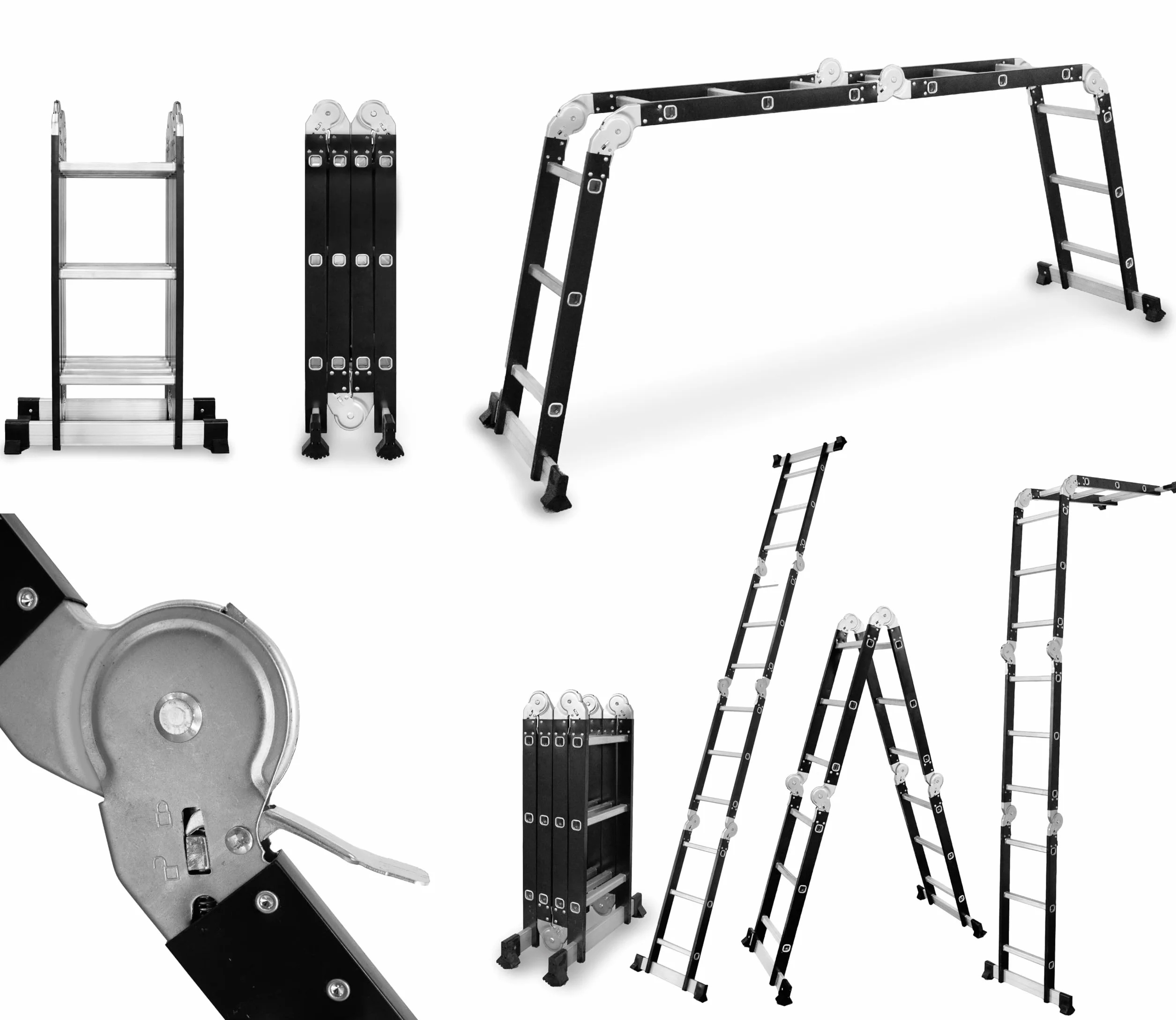 DRABEST Scala Pieghevole Universale Multifunzionale Articolata 4x3 Gradini – Costruzione Solida – Alluminio + Acciaio – Carico Massimo 125kg – 0,32x0,98x0,25m