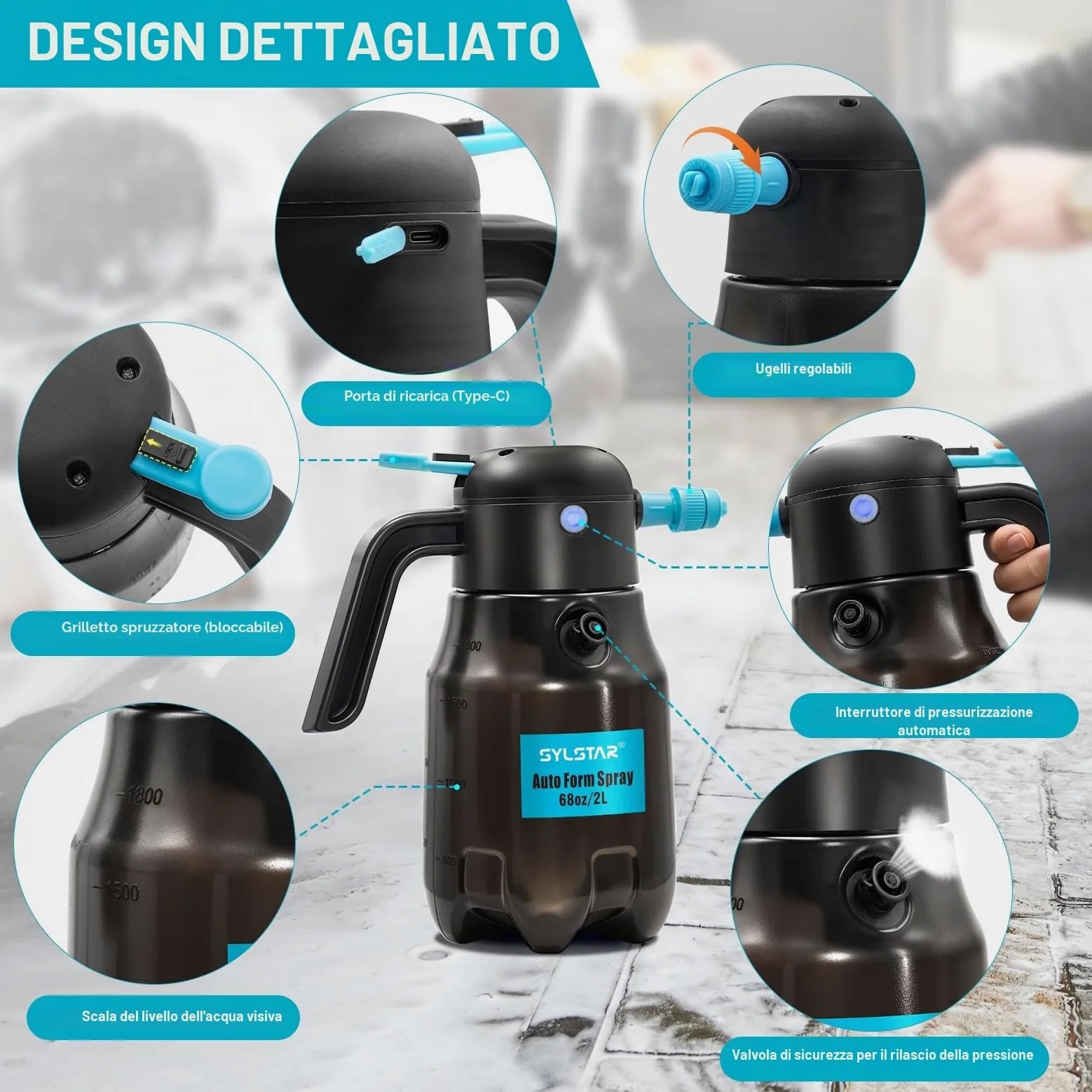SYLSTAR Pompa Irroratrice a Batteria 2L, 4,2 Bar Spruzzatore a Pressione Ricaricabile con 2 Ugelli, Spruzzatore a Batteria Spruzzatore Schiuma per Lavaggio Auto, Autopressurizzazione