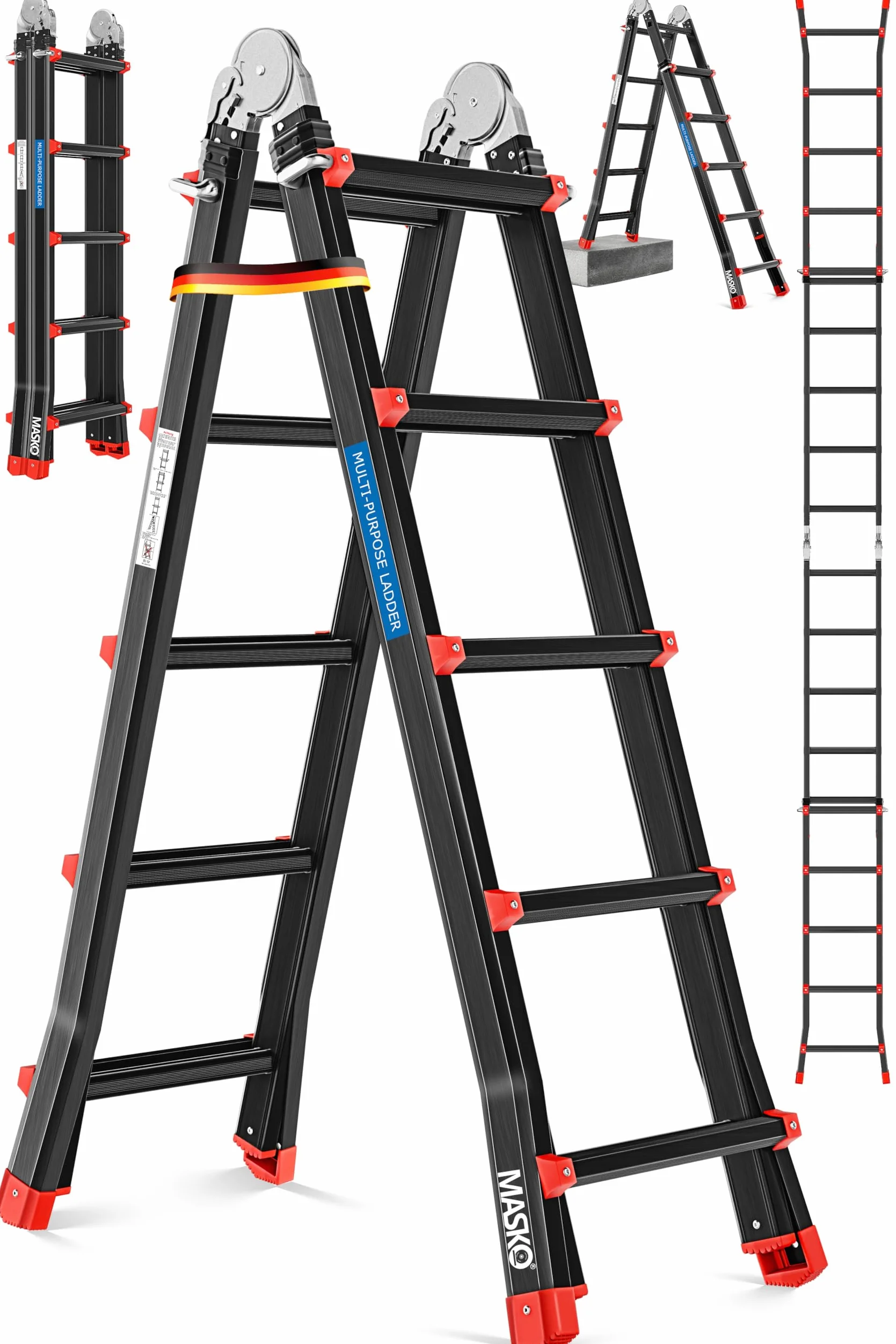 MASKO® Scala in alluminio Scala multiuso 5,10 m 4x5 pioli Scala telescopica ✓ Multifunzionale ✓ Pieghevole ✓ Singola ✓ Fissa ✓ Scala scorrevole ✓ Scaletta e bifacciale (5,10 m / 4x5 pioli nero/rosso)