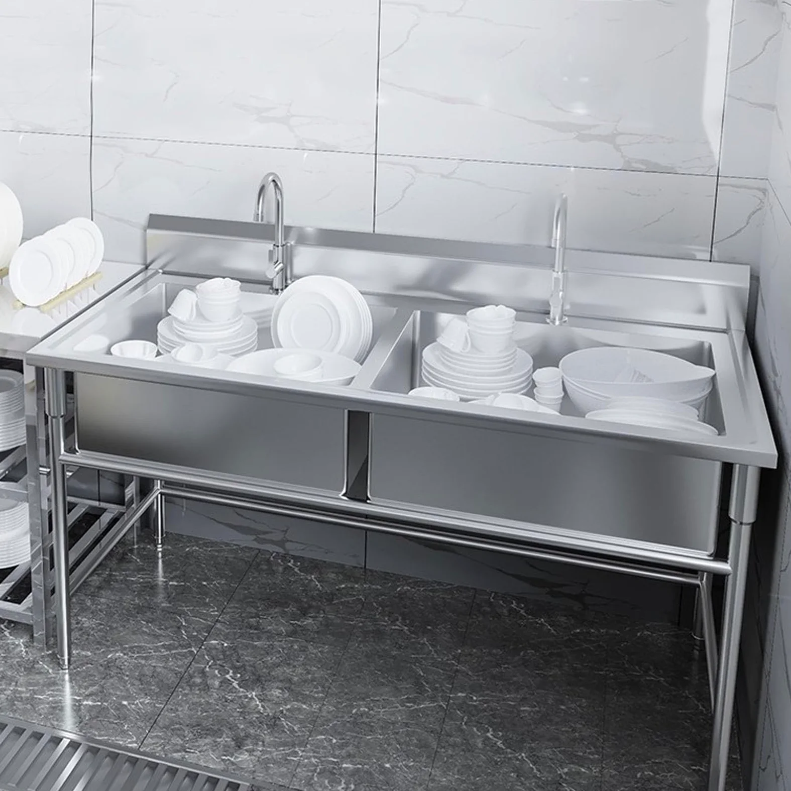 Lavello Autoportante in Acciaio Inox 2 Vasche, Lavandino da Esterno con Filtro per Rifiuti, Kit di Scarico, Lavello Professionale per Cucina, Garage, Lavanderia, Ristorante