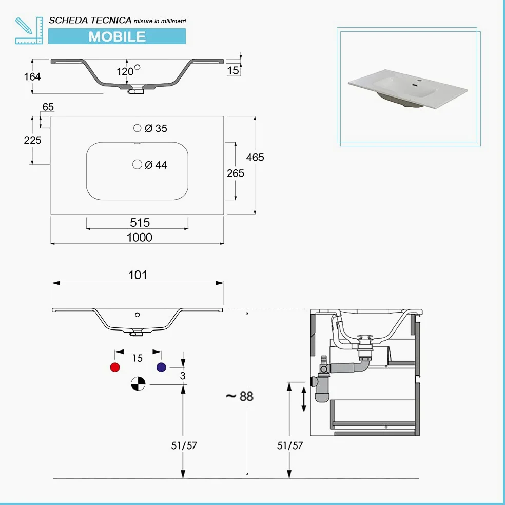 Lavabo consolle da Incasso su Mobile, Rettangolare in Ceramica Bianco Lucido, con Foro troppopieno