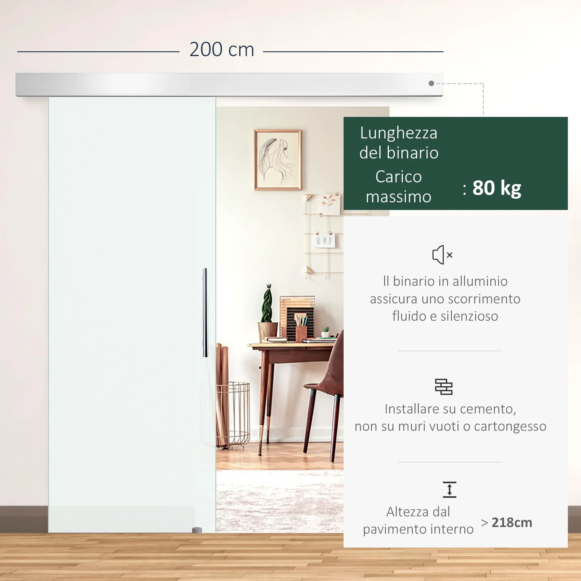 HOMCOM Porta Scorrevole Interna in Vetro Smerigliato con Binario e Maniglia per Bagno Cucina Studio 205 x 90 x 0.8cm