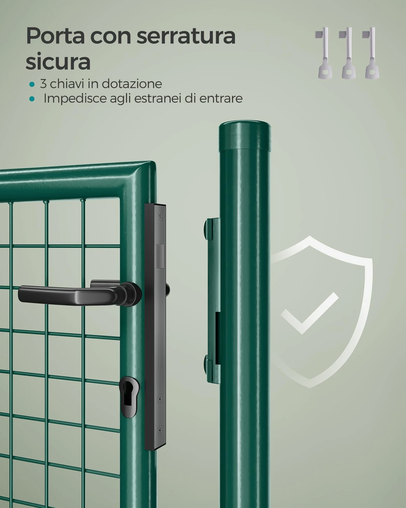 SONGMICS Cancello da Giardino, Cancelletto da Giardino, Acciaio Zincato con Serratura, Porta di 106 x 150 cm (L x H), Tubo Tondo, Cancello per Recinzione, Verde GGD200G