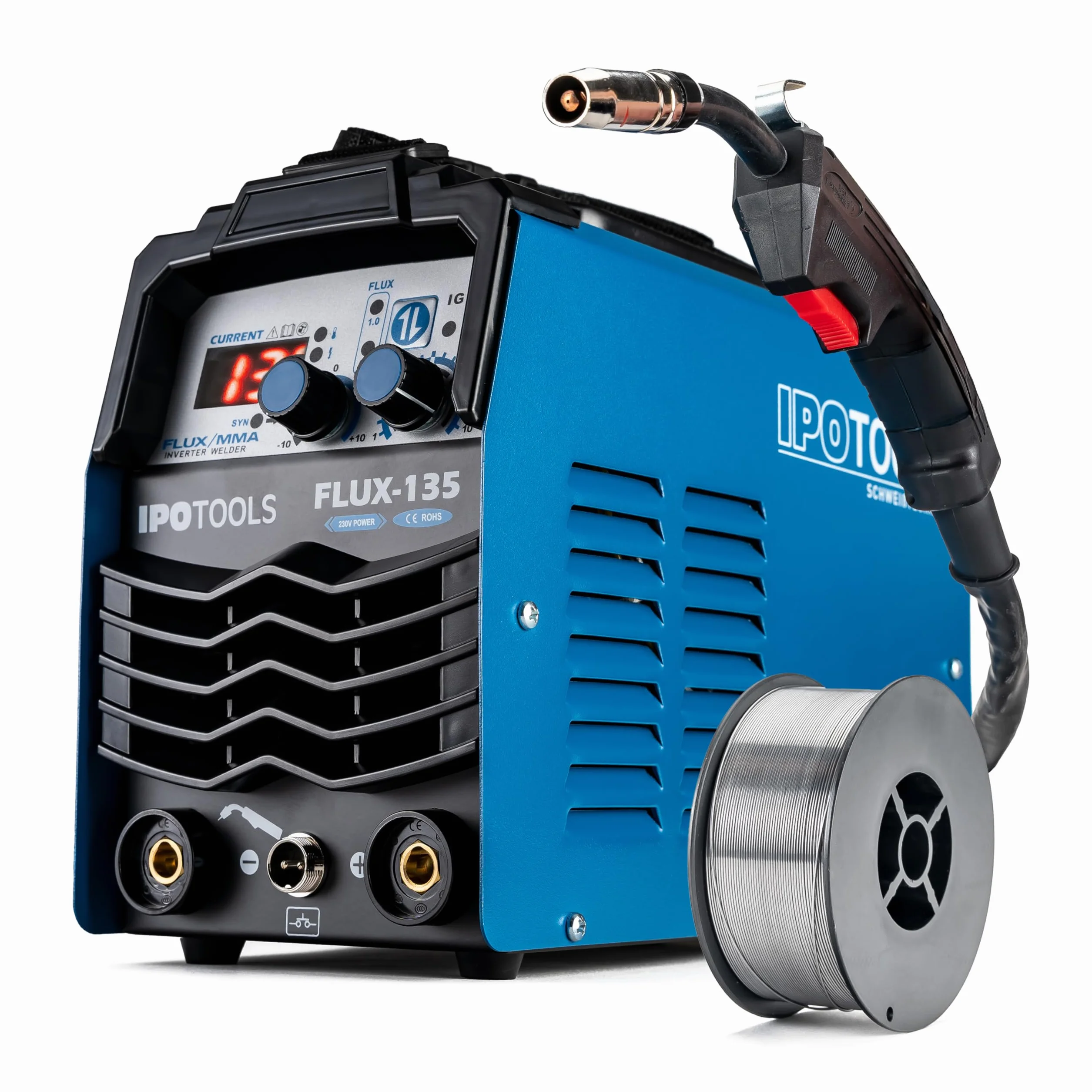 IPOTOOLS FLUX-135 - Saldatrice a filo di riempimento, senza gas, 135 A, senza gas, per saldatrice, filo di riempimento 0,8 mm o 1,0 mm, con MMA/IGBT/230 V