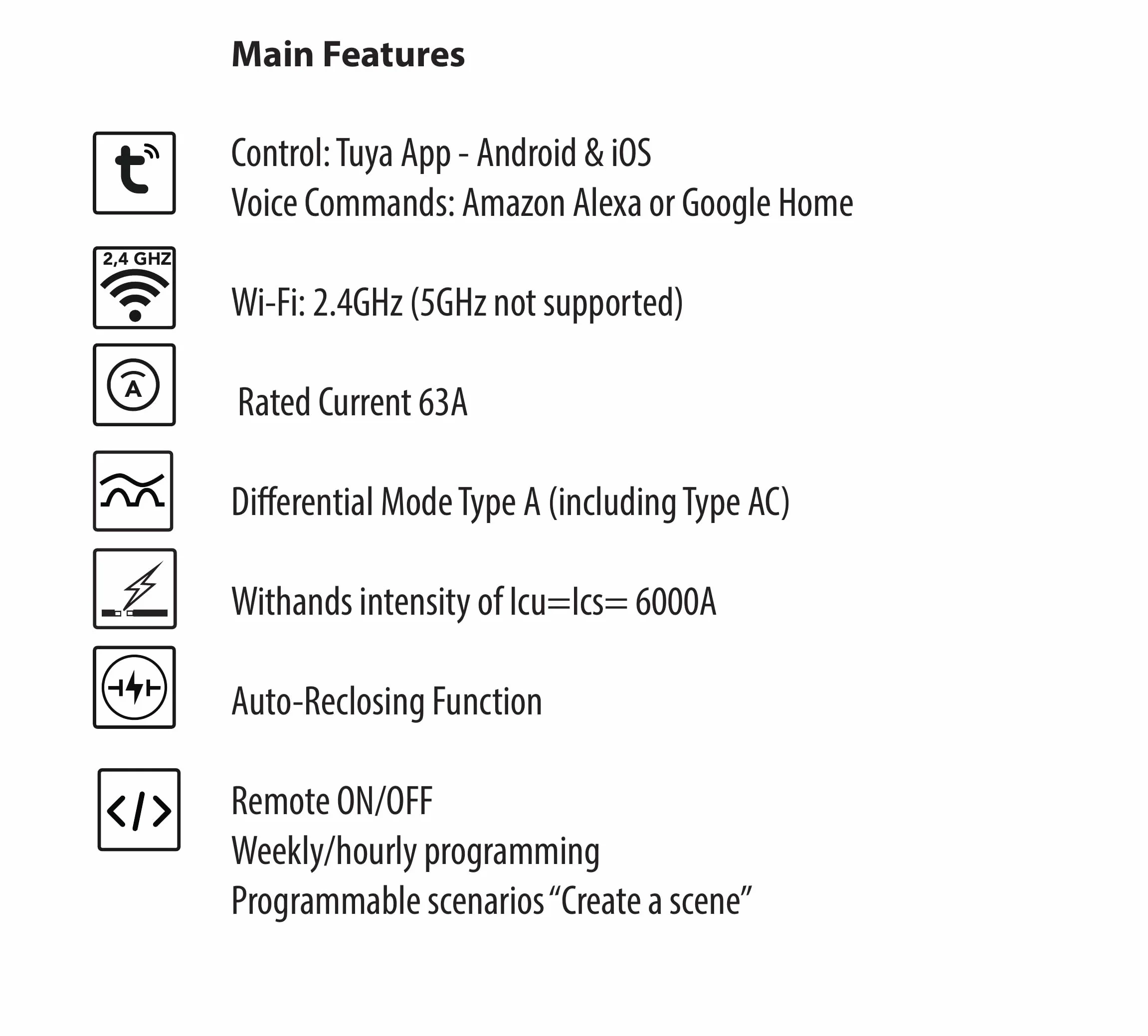 Smart-Home Salvavita Wi-Fi Tuya con Riarmo Automatico 4P Trifase 63A 30mA Tipo A&AC – Controllo Remoto – 5 Moduli DIN – RCCB EN 61008-1