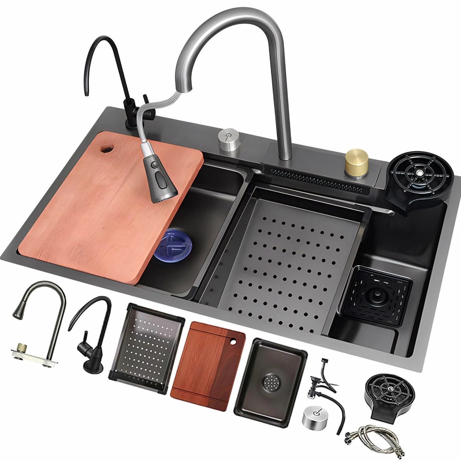Lavello Da Cucina Multifunzionale In Acciaio Inox A Cascata, Lavello Da Postazione Di Lavoro Di Grande Capacità, Lavello A Vasca Singola Da Montare In Alto, Con Pomello Di Scarico E Accessori Completi