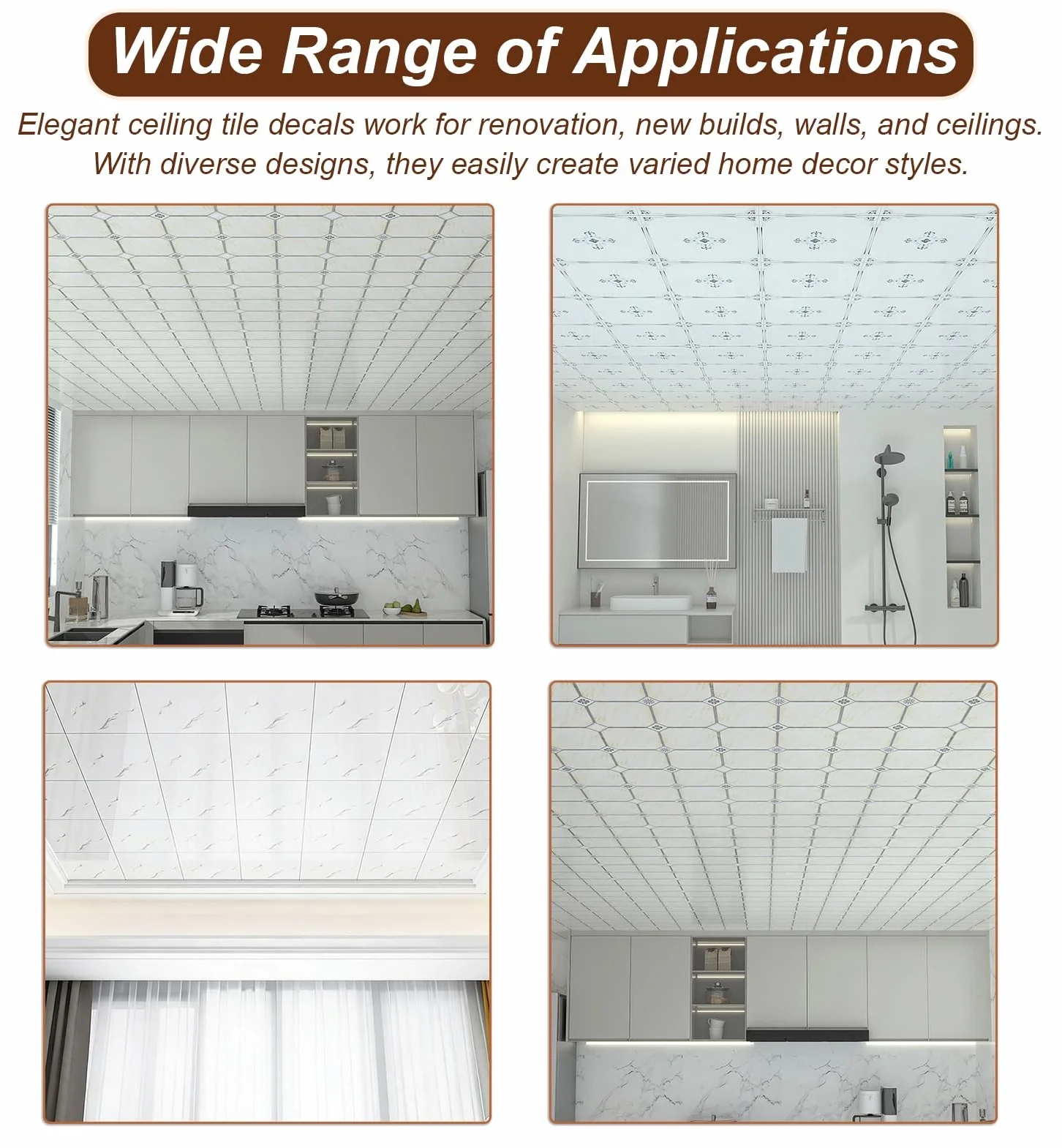 Pannelli Polistirolo Pannelli Autoadesivi per Controsoffitti da Bagno, Pannelli Decorativi Eleganti per Soffitti (fai-da-te), Piastrelle Adesive in PVC per Pareti(White,100 pcs (Cover 9 m²))