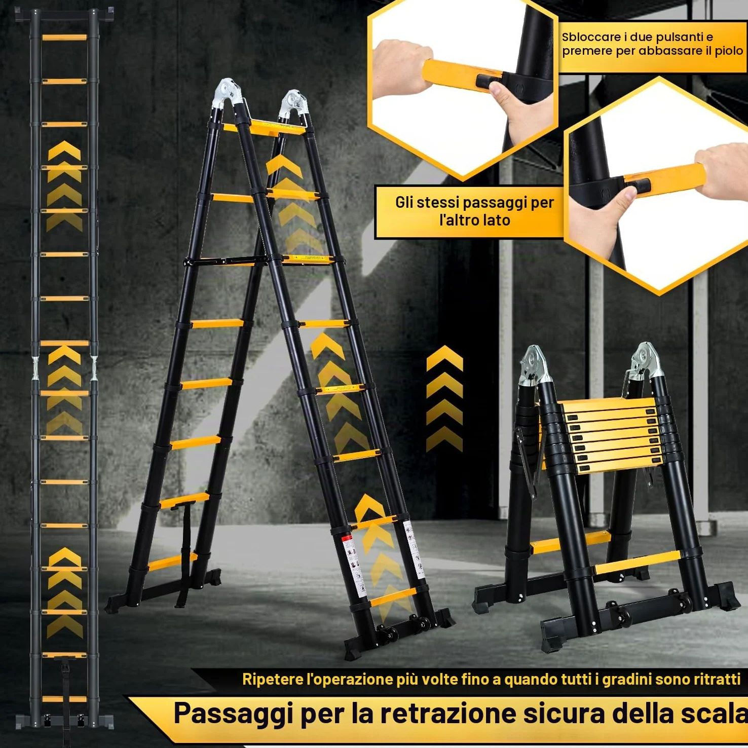 Ikodm Scala telescopica pieghevole in alluminio 5 m, scala alluminio telescopica antiscivolo, scala multiuso in alluminio, portata 150 kg, colore nero e giallo