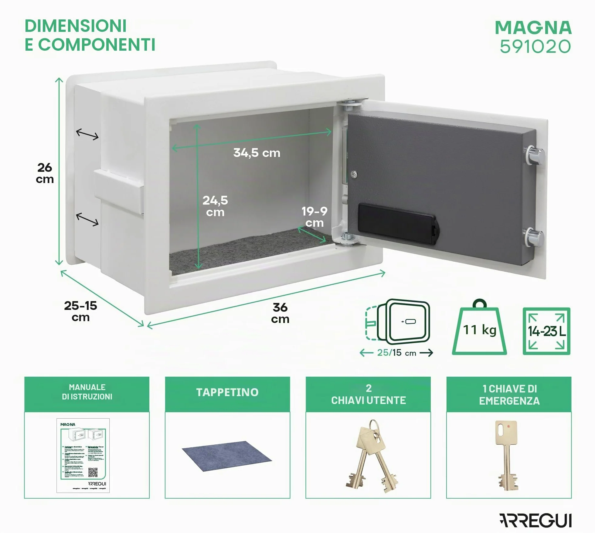 ARREGUI Magna 591020 Cassaforte da incasso con codice e chiave | Cassetta di sicurezza doppia con fondo estensibile per denaro | Cassaforte da parete elettronica per casa o ufficio | 26 x 36 x 15-25