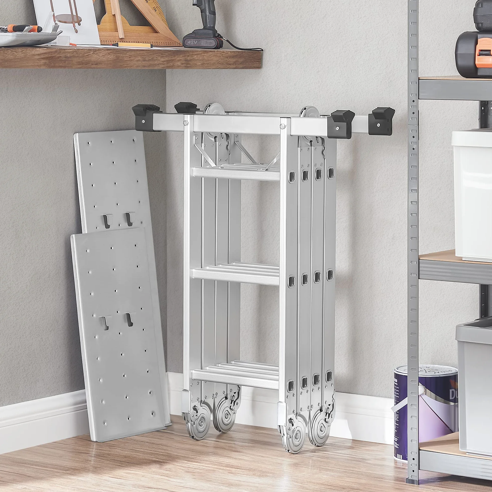 SONGMICS Scala Multifunzione in Alluminio, Scala a Gradini, Scaletta Domestica, 4 x 3 Gradini, fino a 150 kg, 12 Gradini, Design 6-in-1, Lunga 326 cm, Colore Argento GLT36M