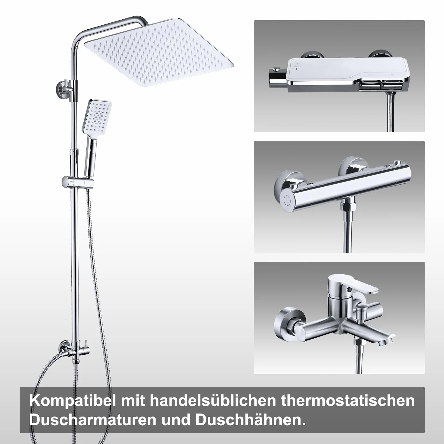 Görbach Colonna Doccia senza Miscelatore, Colonna Doccia Acciaio Inox con Saliscendi Doccia Altezza Regolabile 74-114cm, Set Doccia a Pioggia con Doccetta e Mensola, Soffione 30x30cm, Cromo