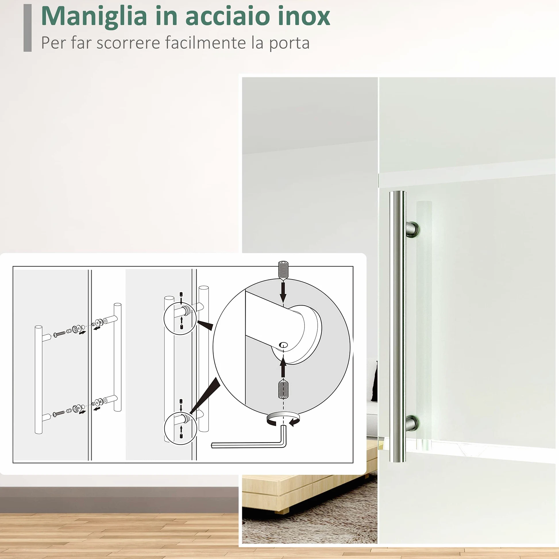 Homcom Porta Scorrevole in Vetro a Strisce con Binario in Alluminio, 75 x 210cm