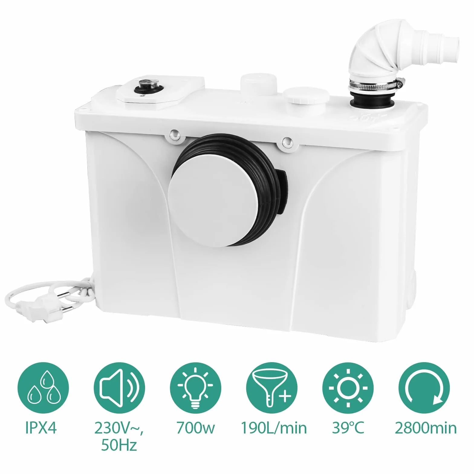 Sonnewelt 700 W pompa Trituratore WC Maceratore pompa da per acque luride 190L / min con lame in acciaio inox e carbone attivo, per doccia, wc e lavabo