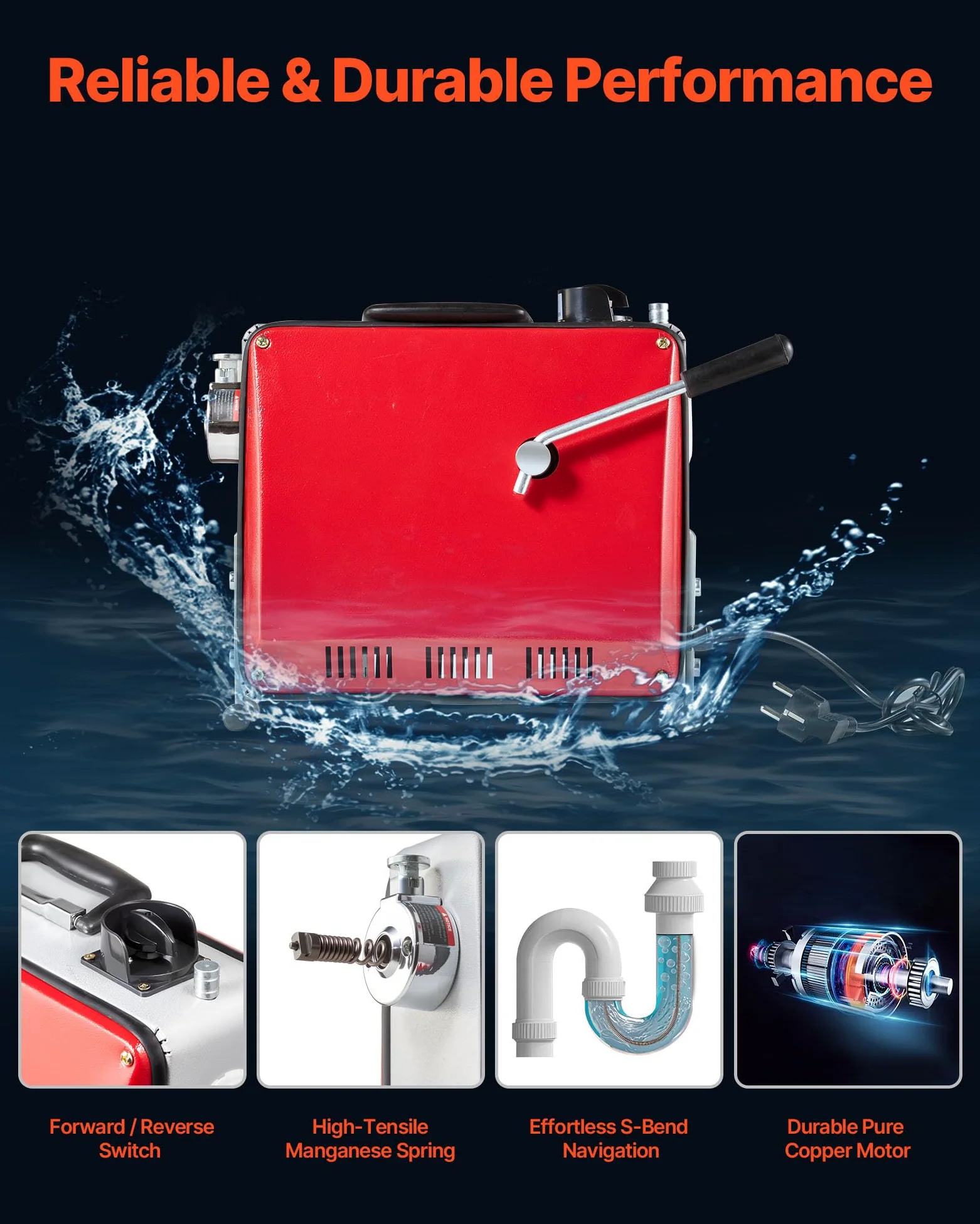 VEVOR Macchina Sturatubi Elettrica per Scarico di Tubi, 500 W, 1400 giri/min, con Cavo a Molla in Acciaio, Pulitrice per Tubi di Scarico con 6 Taglierine Diametro 50-110 mm, Docce, Bagno, Cucina