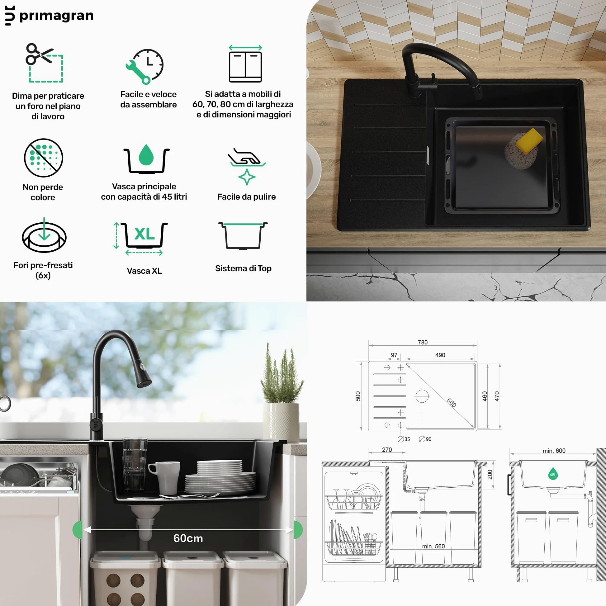 PRIMAGRAN Lavello da Cucina Tutto Bianco 78x50cm, Lavandino in Granito a 1 vasca + Sifone Classico, Lavabo da Cucina Incasso al Mobile 60cm - Copenhagen Top S572