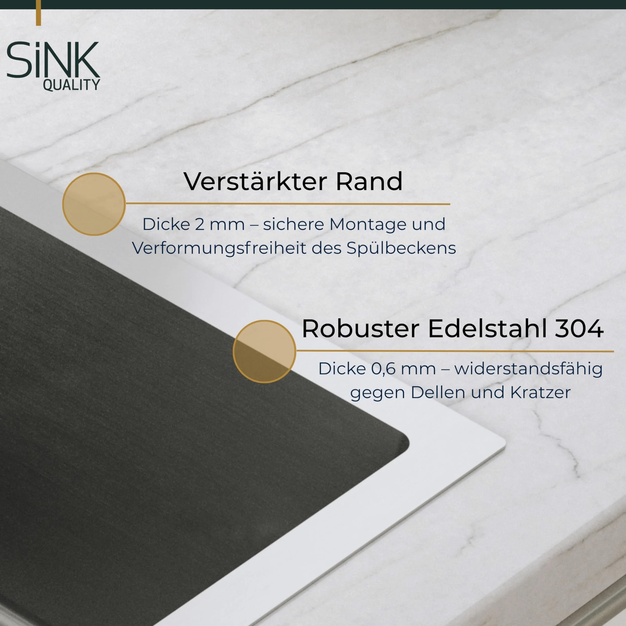 SINK Quality Lavello Cucina 40x45 cm | Acciaio Inox 304 | Vasca Singola Antigraffio PVD | Insonorizzato e Anticondensa | Sifone Salvaspazio Incluso | Ideale per Base 40 cm