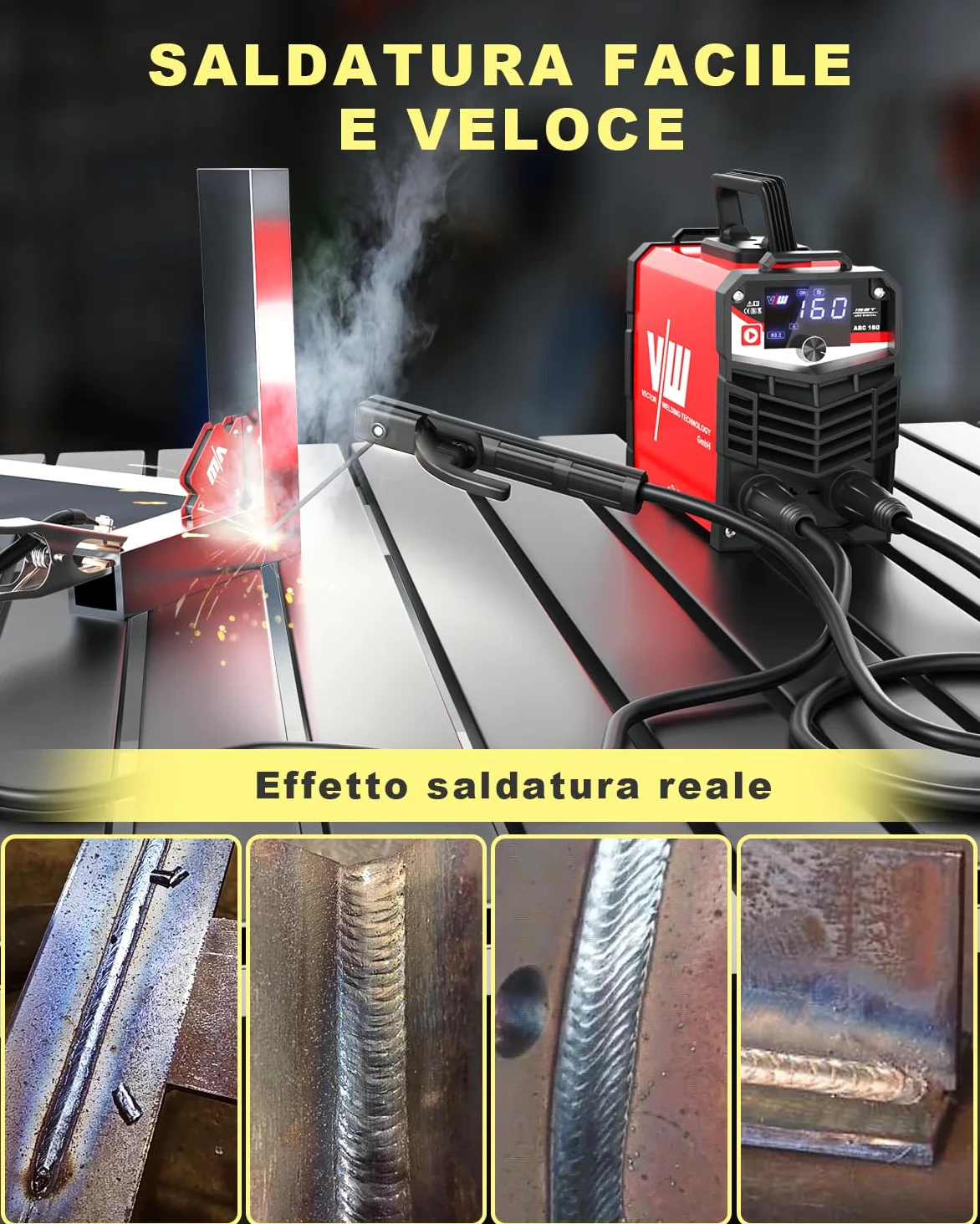 VECTOR WELDING 160A Saldatrice a Elettrodi, MMA/ARC/STICK Inverter Saldatrice, Saldatrice Portatile con IGBT e MCU per Principianti e Professionisti, ARC 160 con Hot Start, Arc Force