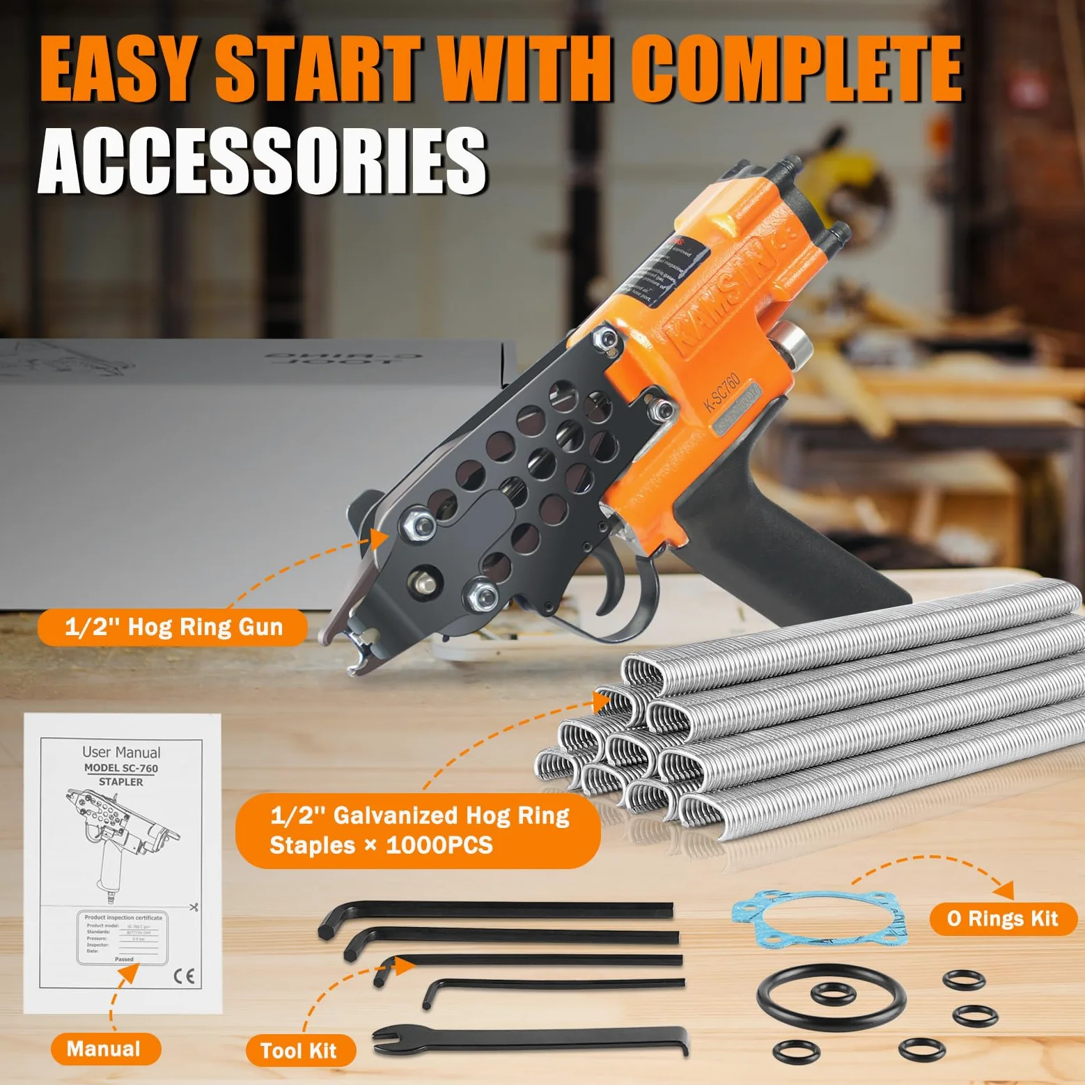 K-SC760 Kit Pistola Pneumatica per Anelli a 'C' da 16 Gauge – Pinzatrice per Anelli da 1/2" con 1000 Pezzi di Graffette (Chiusura 3.0-4.8mm)–Ad Aria Compressa per Gabbie Metalliche e Recinzioni