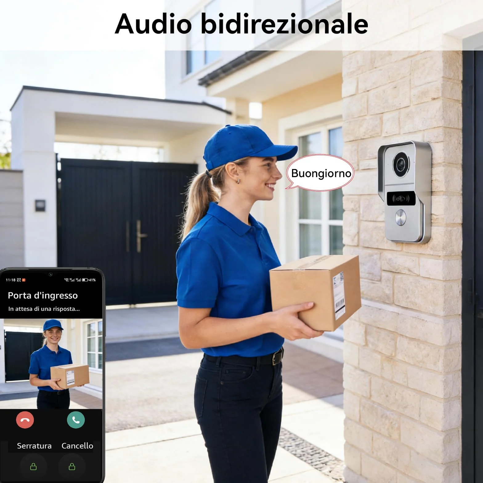 Videocitofono 2 Fili connesso, con fotocamera, versione notturna, vista dal vivo e conversazione, sblocco tramite monitor, 2 monitor da 7" con campanello cablato, per 1 famiglia