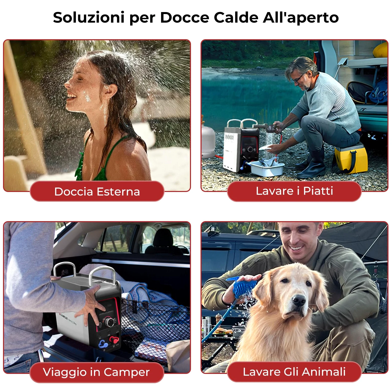 CAMPLUX Nano 3 Lt Scaldabagno a Gas Portatile con Pompa dell'acqua, GPL, 50mbar, 12V, per Doccia Esterna, Campeggio, Nano 3 Pro-DE