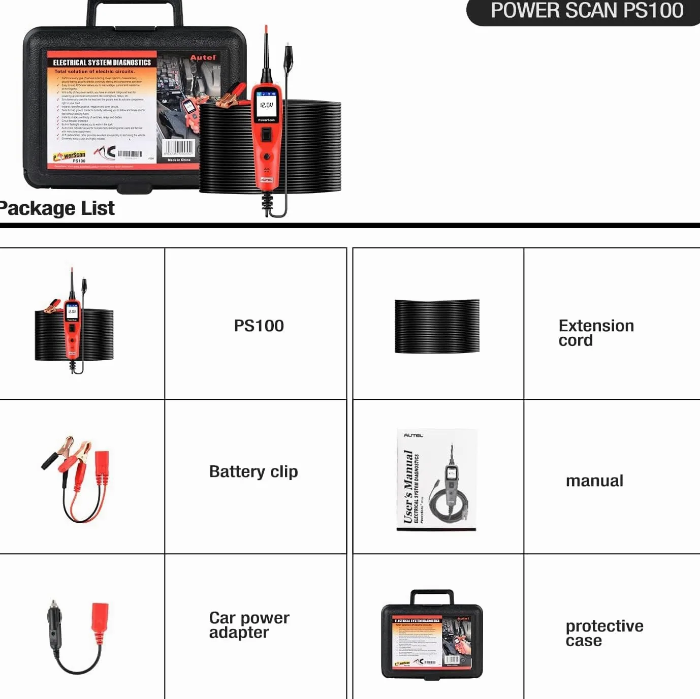 Autel PowerScan PS100 Kit Sonda Circuito, Strumento Diagnostico Sistema Elettrico12-24V, Interruttore Circuito Integrato, Lettura Resistenza Corrente CA/CC, Test Cortocircuito/Continuità/Sonda/Segnale