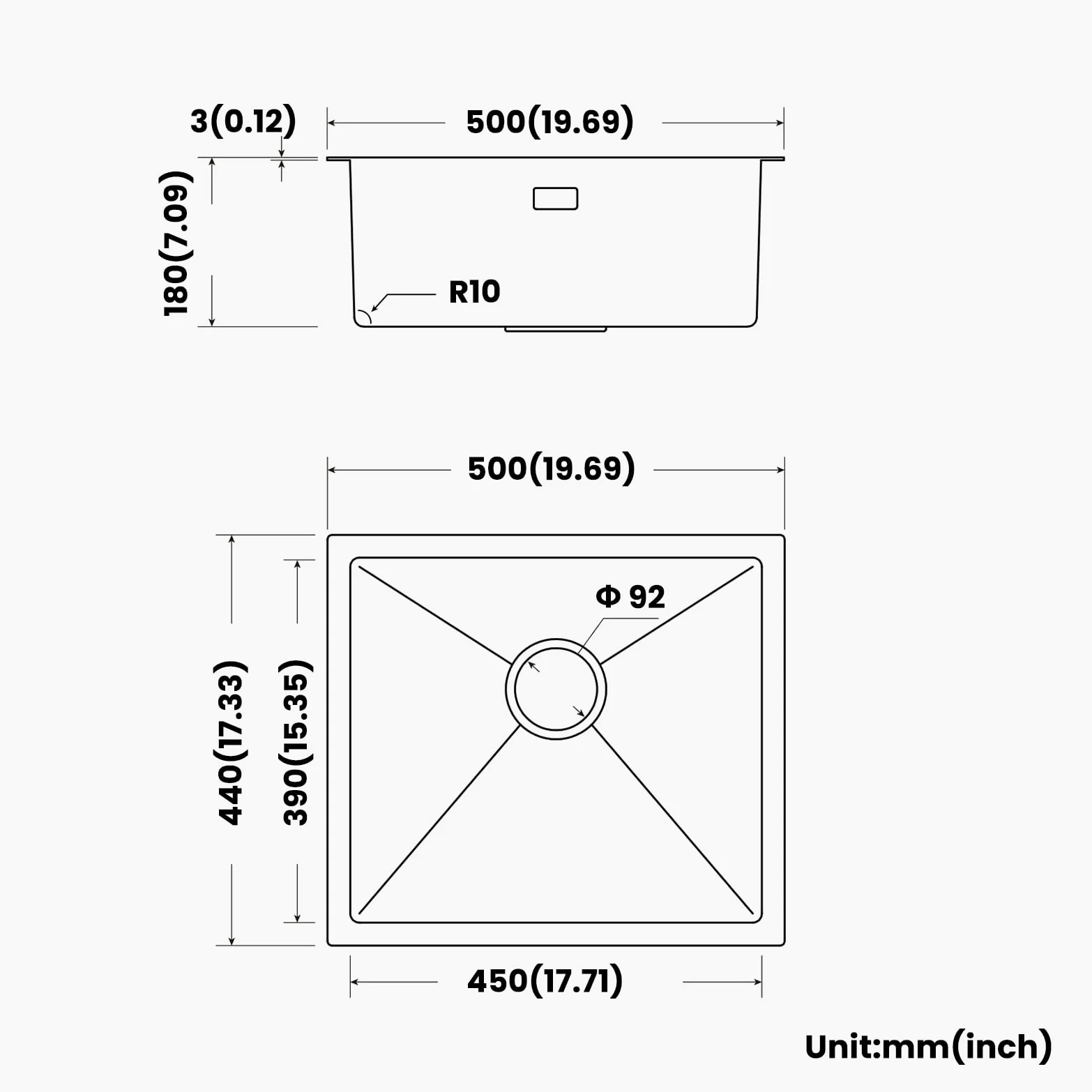 CECIPA Lavello Nero Antracite 50x44cm, Lavello Cucina in Acciaio Inox Angolare, Lavello Cucina in Acciaio Inox Lavello da Incasso Piccolo incluso Sifone, Lavabo Cucina da 50cm di Altezza senza