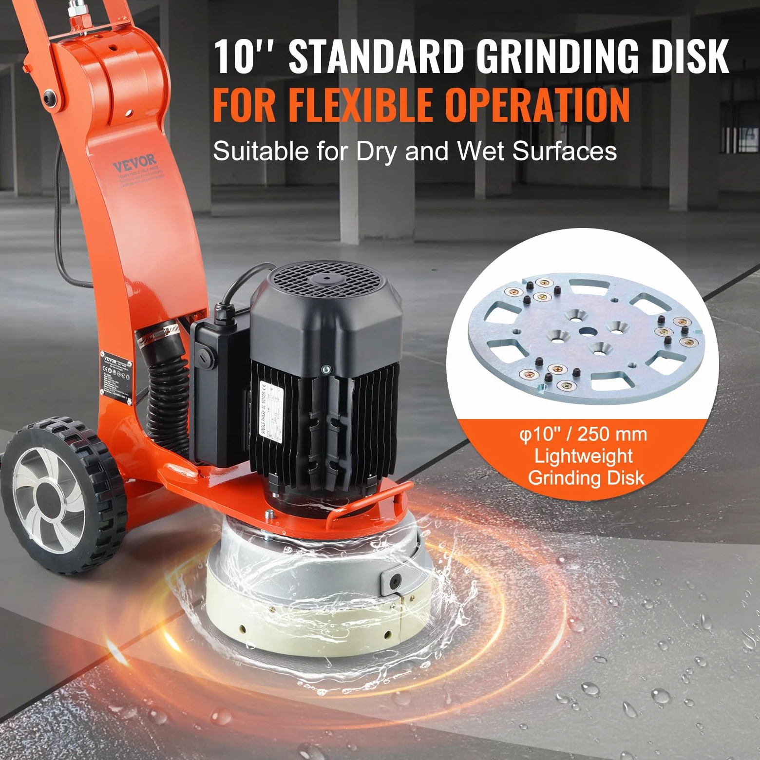 VEVOR Smerigliatrice Elettrica per Pavimenti in Cemento 250 mm Smerigliatrice con guida terra 3.0 HP Lucidatrice per Pavimenti, Smerigliatrice 2200W con Motore Brushless 1430 Giri/min Granito Marmo