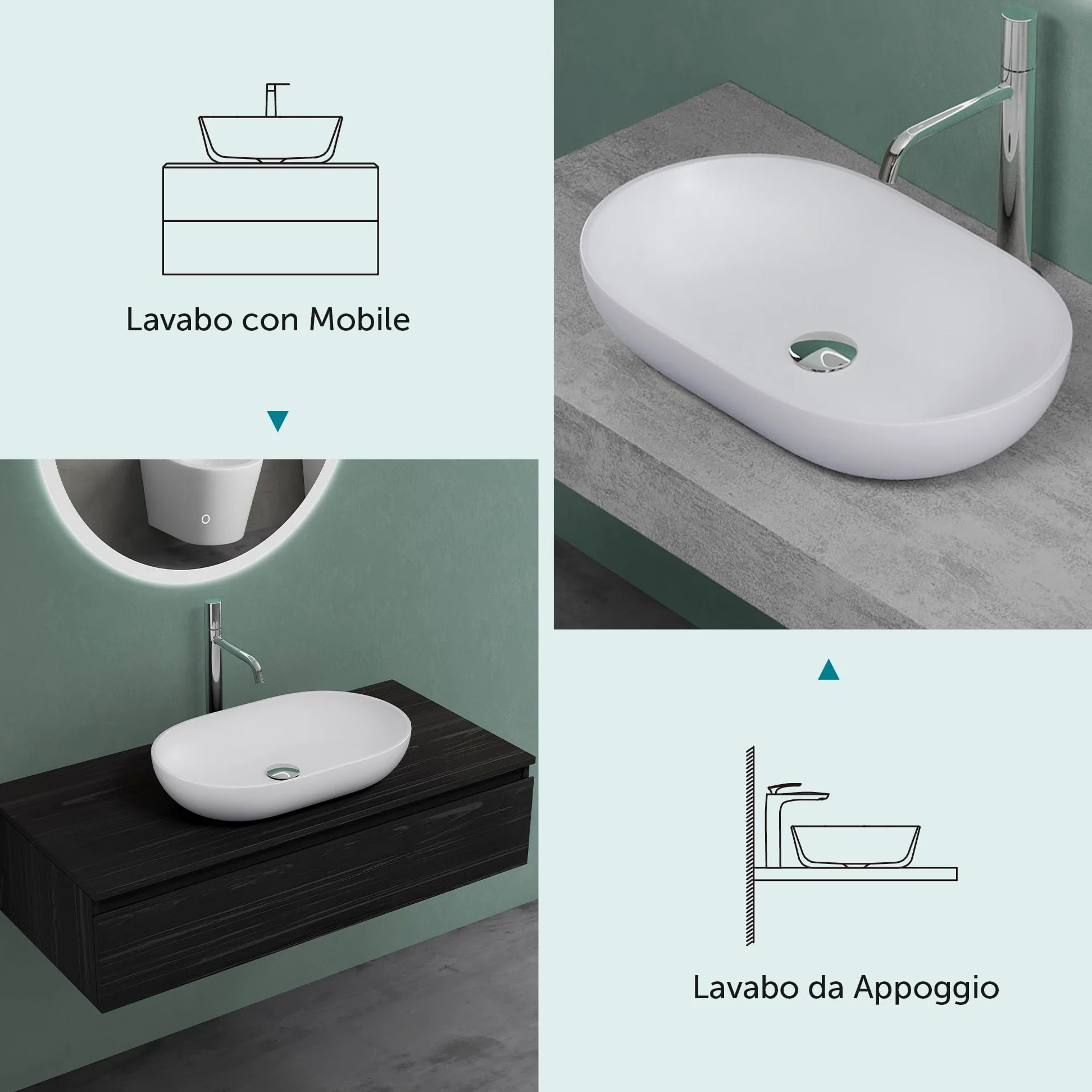Mai & Mai Lavabo da Appoggio 54x34x10.5cm, Lavandino Bagno da Appoggio Ovale da Marmo Fuso, Biano Opaco, Colossum808