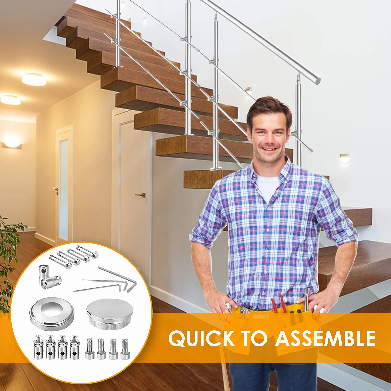 Corrimano in acciaio inox, ringhiera per scale, parapetto, balcone, 180 cm, con 4 barre trasversali Ø 42 mm, per interni ed esterni