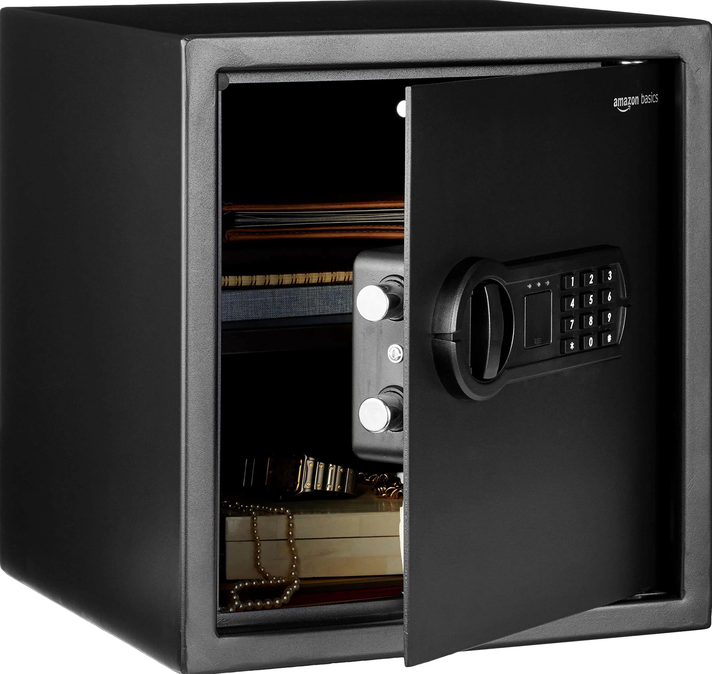 Amazon Basics Cassaforte elettronica in acciaio con serratura digitale programmabile, per gioielli, denaro e oggetti di valore, 34 l, 33 x 33 x 36 cm (larghezza x profondità x altezza), nero