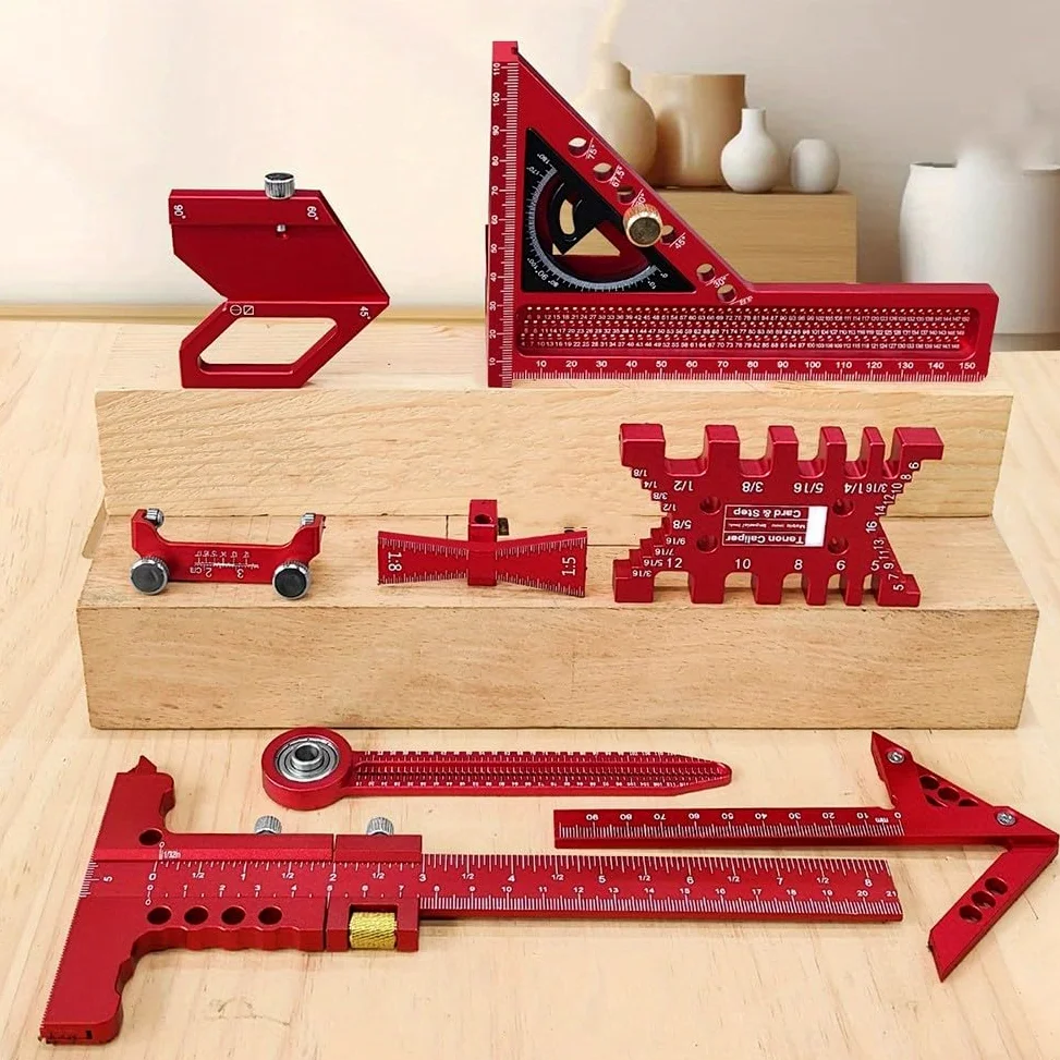 Kit di strumenti di misurazione, set di strumenti di misurazione per la lavorazione del legno con scatola di stoccaggio, righello per carpentiere, calibro per officina fai-da-te professionale (9 pezzi