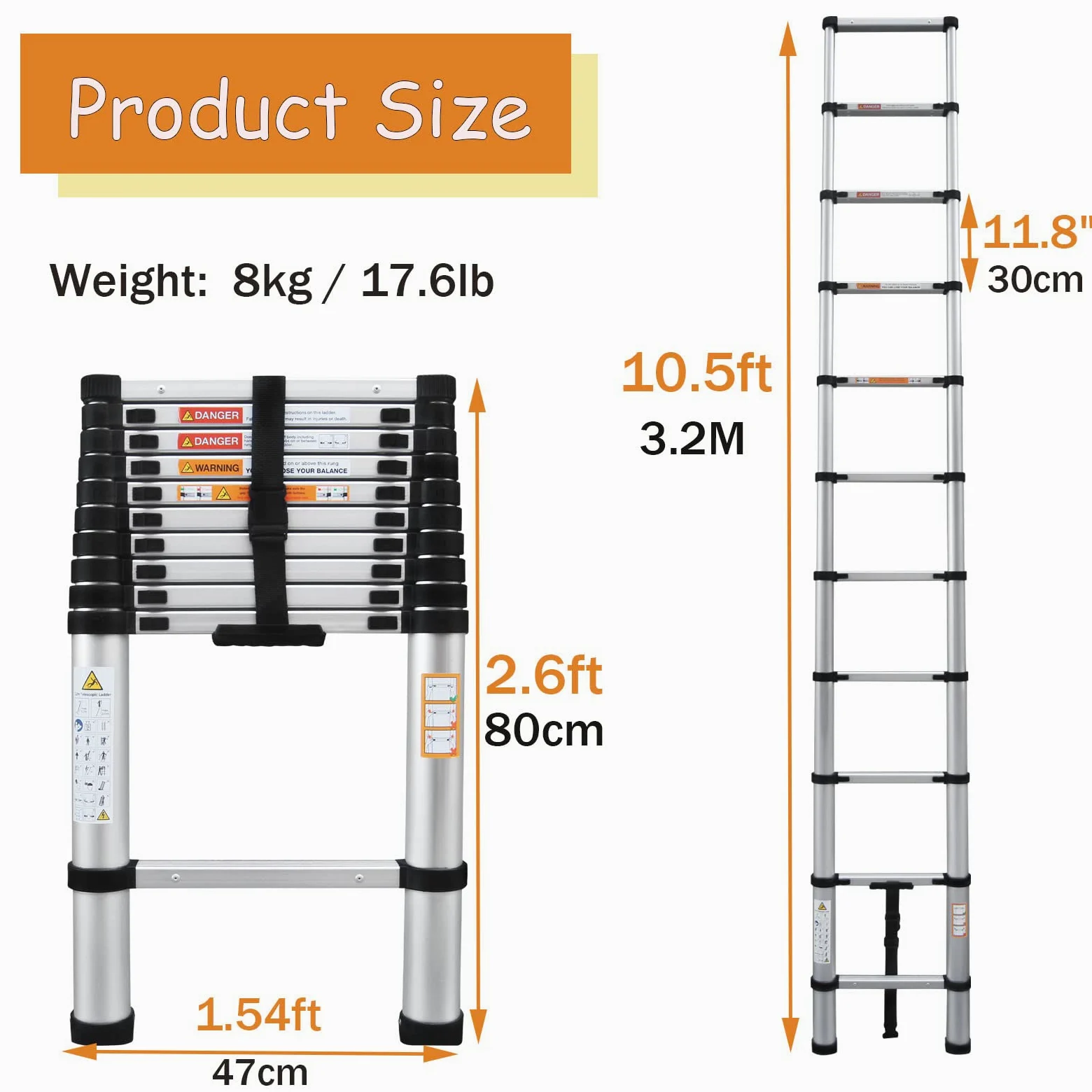 Scala telescopica multiuso in alluminio leggero, da 3,2 m, portatile, allungabile, resistente