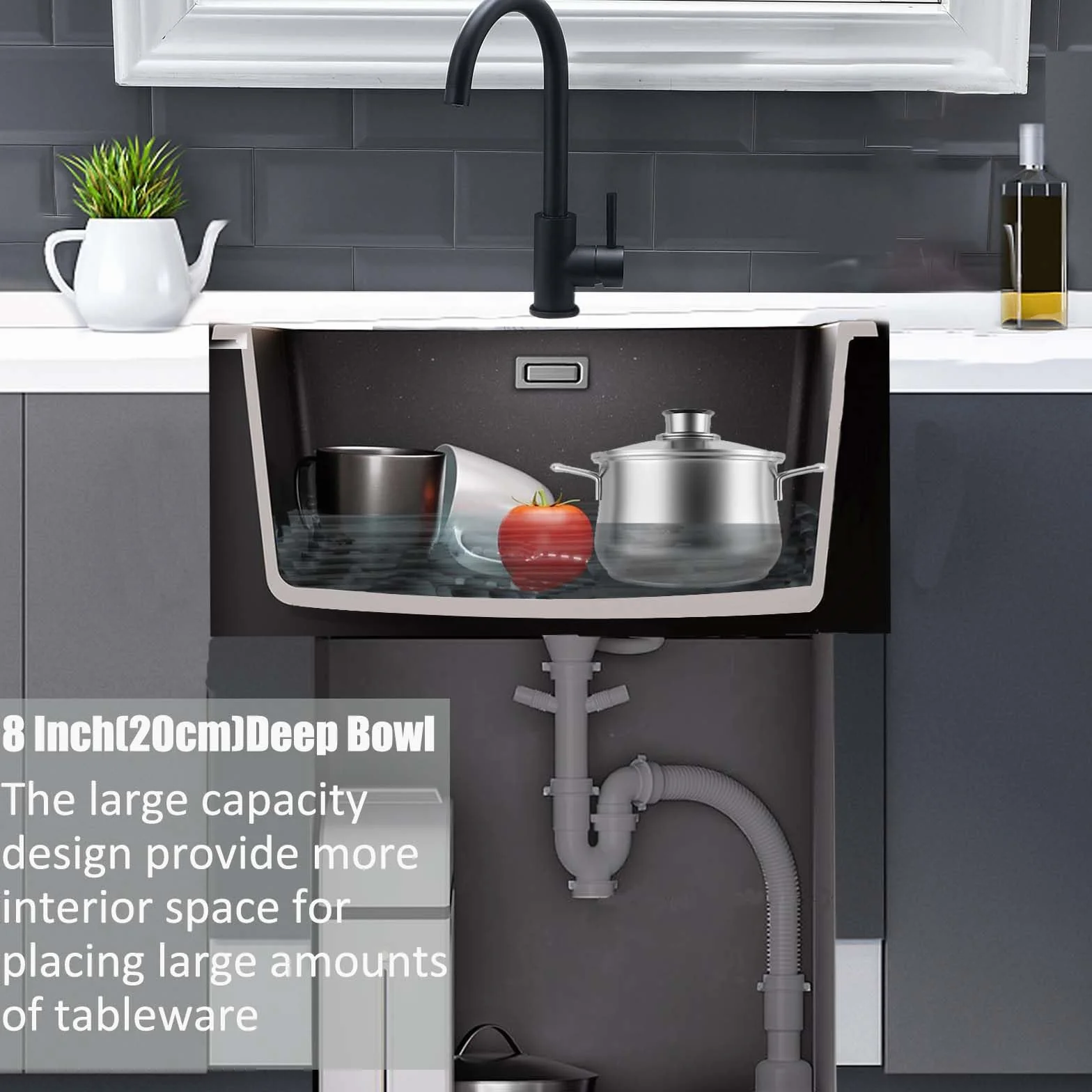Lavello da Cucina 45 x 45 cm, Lavandino Cucina in Granito, iAnomla Nero Vasca Singola da incasso adatto per mobili sottolavello da 45 cm di larghezza, Lavabo Cucina Nero con Sifone, Moderno