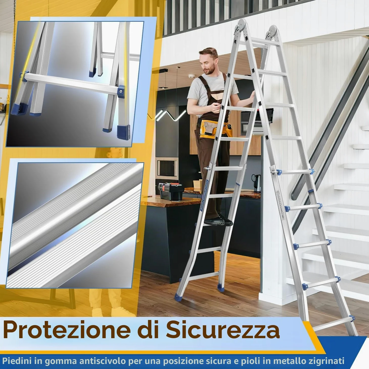 Scala Multiuso in Alluminio 4 in 1 - 513 cm, 4 x 5 Pioli, Telescopica, Capacità 150 kg, a Scorrimento Con Supporto Su Entrambi i Lati
