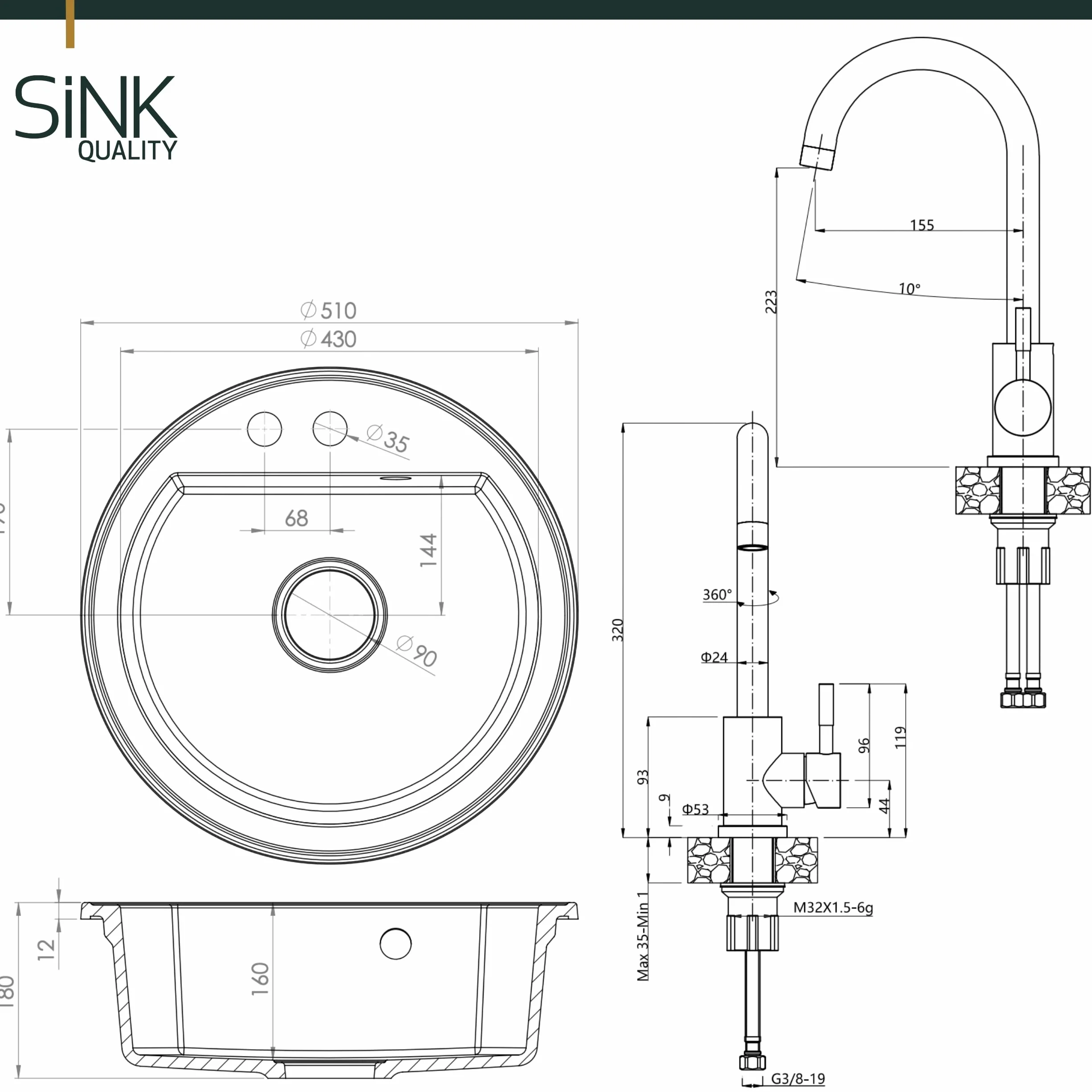 SINK QUALITY lavello rotondo con rubinetto Ø 51 cm – lavello in granito nero con rubinetto, sifone e impregnazione – lavello da cucina rotondo in granito per sottolavelli a partire da 55 cm di